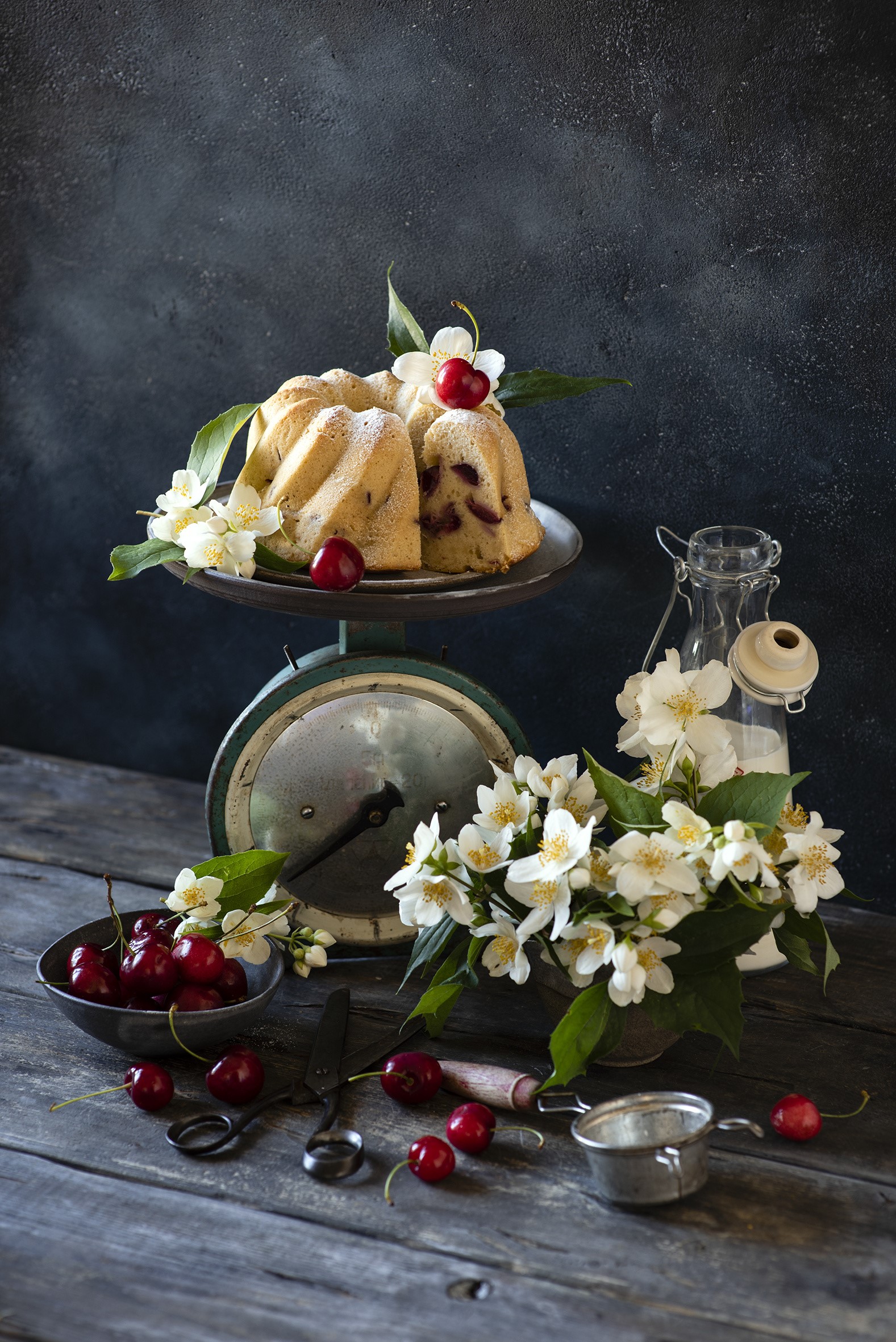 Cherry Bundt Cake on a Vintage Scale with Jasmine HD Phone Wallpaper