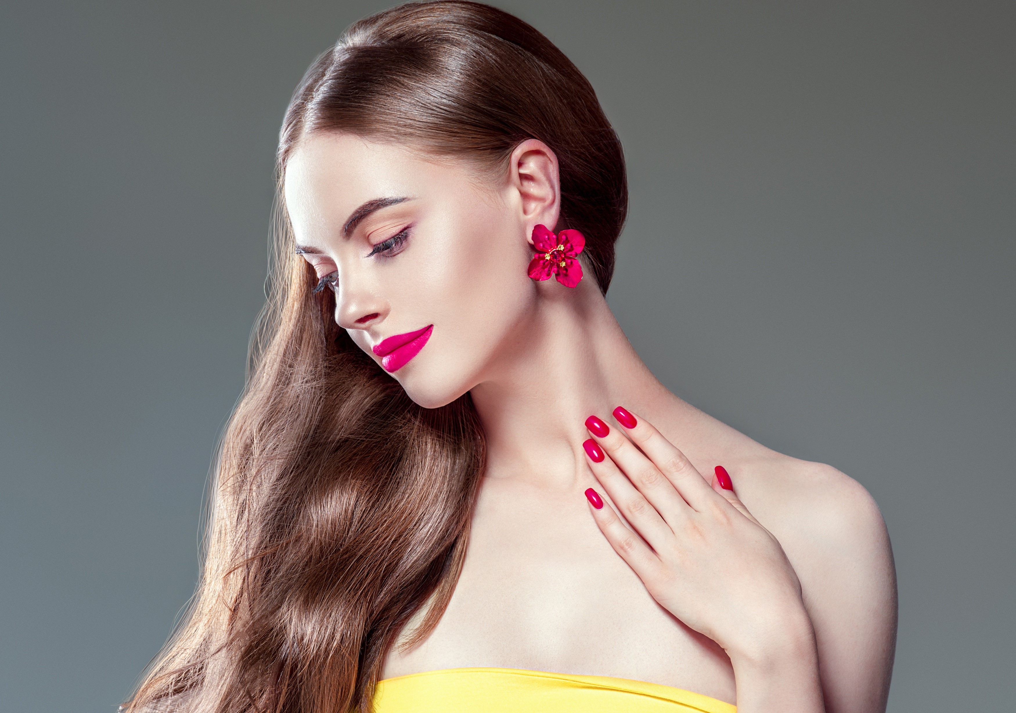 Woman with brown hair, red lips, and red nails HD Wallpaper