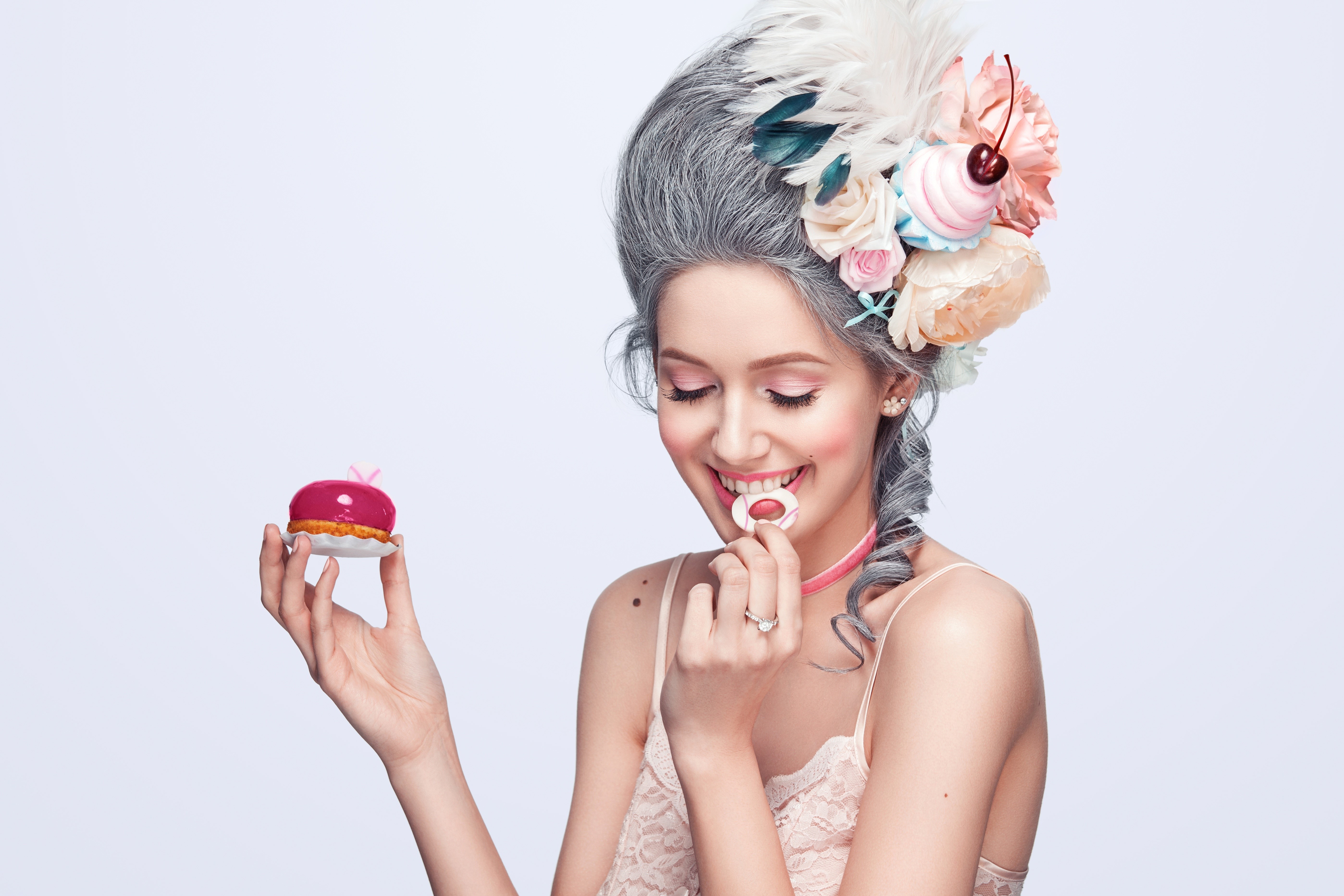 Woman in Rococo Wig Eating a Macaron HD Wallpaper
