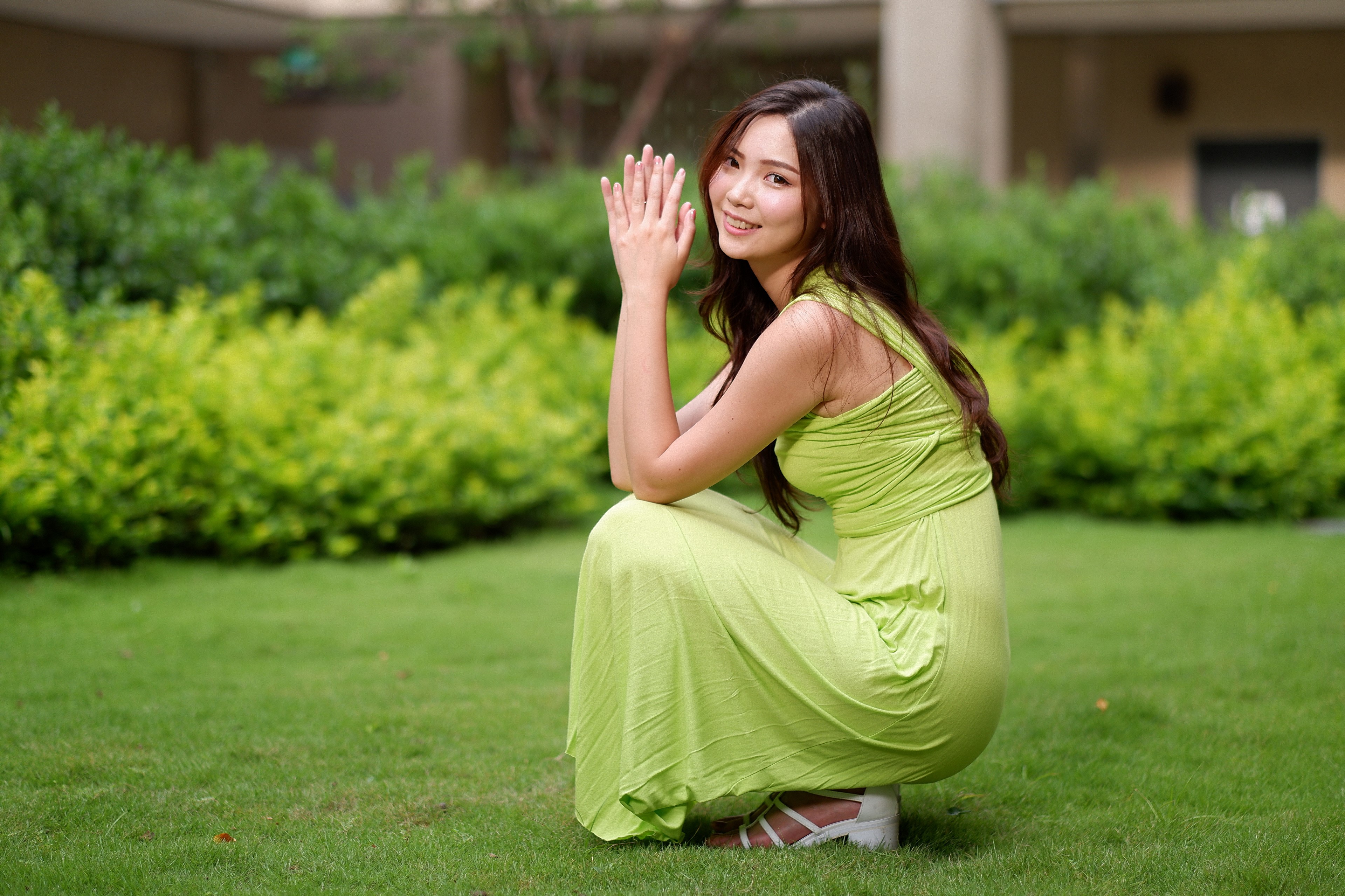 4K Asian Woman Smiling in Green Dress HD Wallpaper