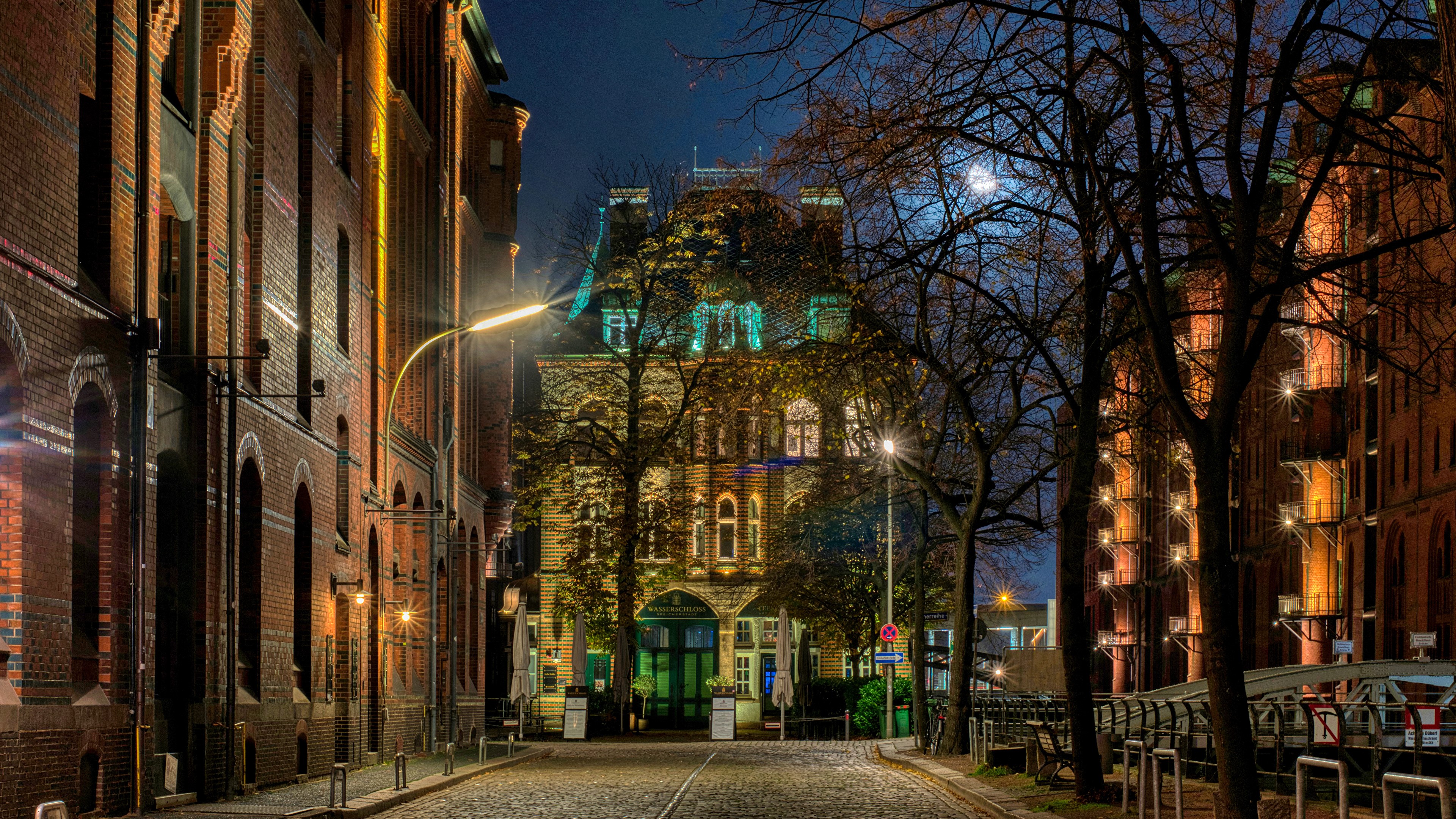 Hamburg Germany Night Street with Old Buildings HD Wallpaper