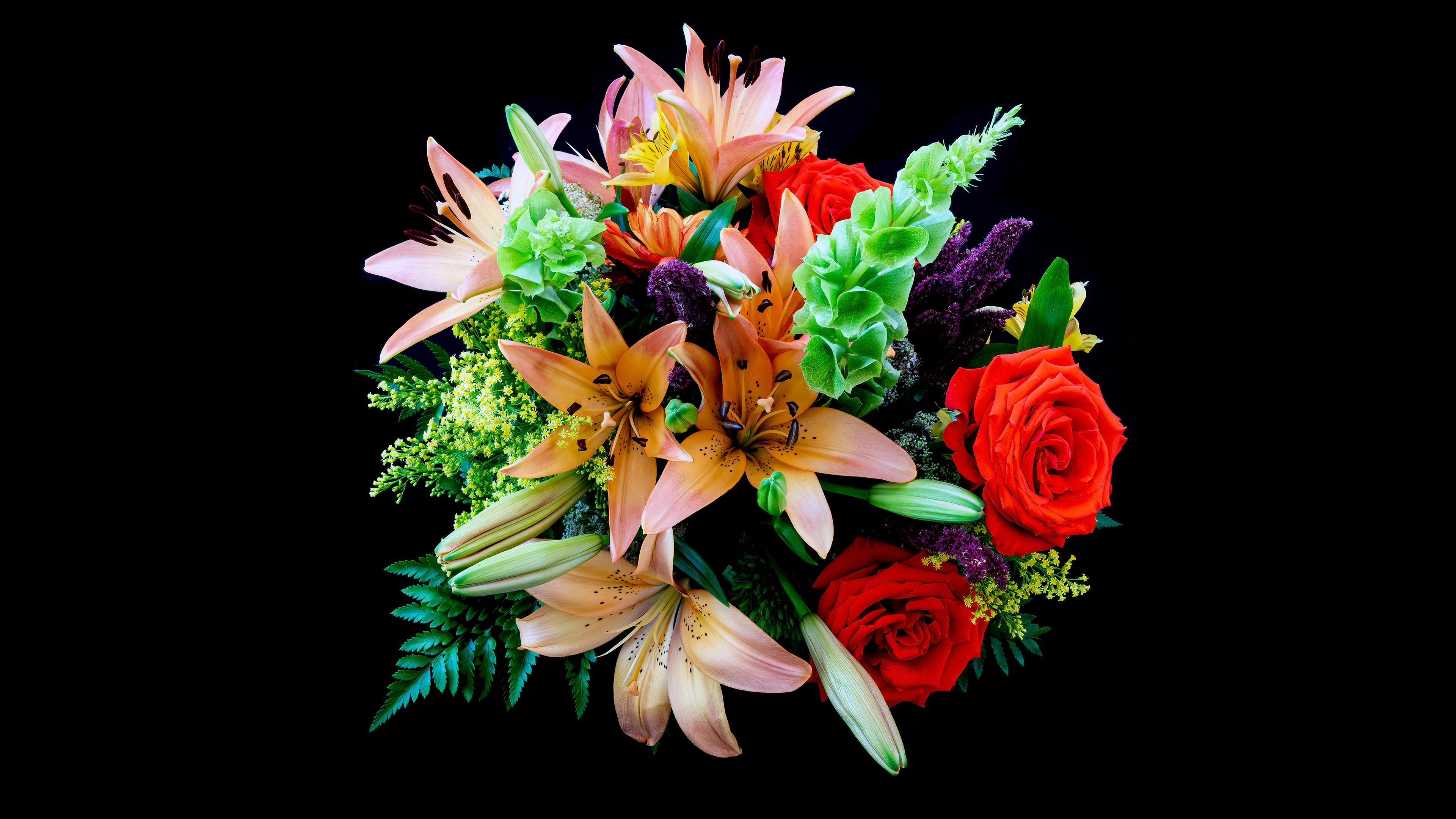 4K Lilies and Roses Bouquet on Black Background HD Wallpaper