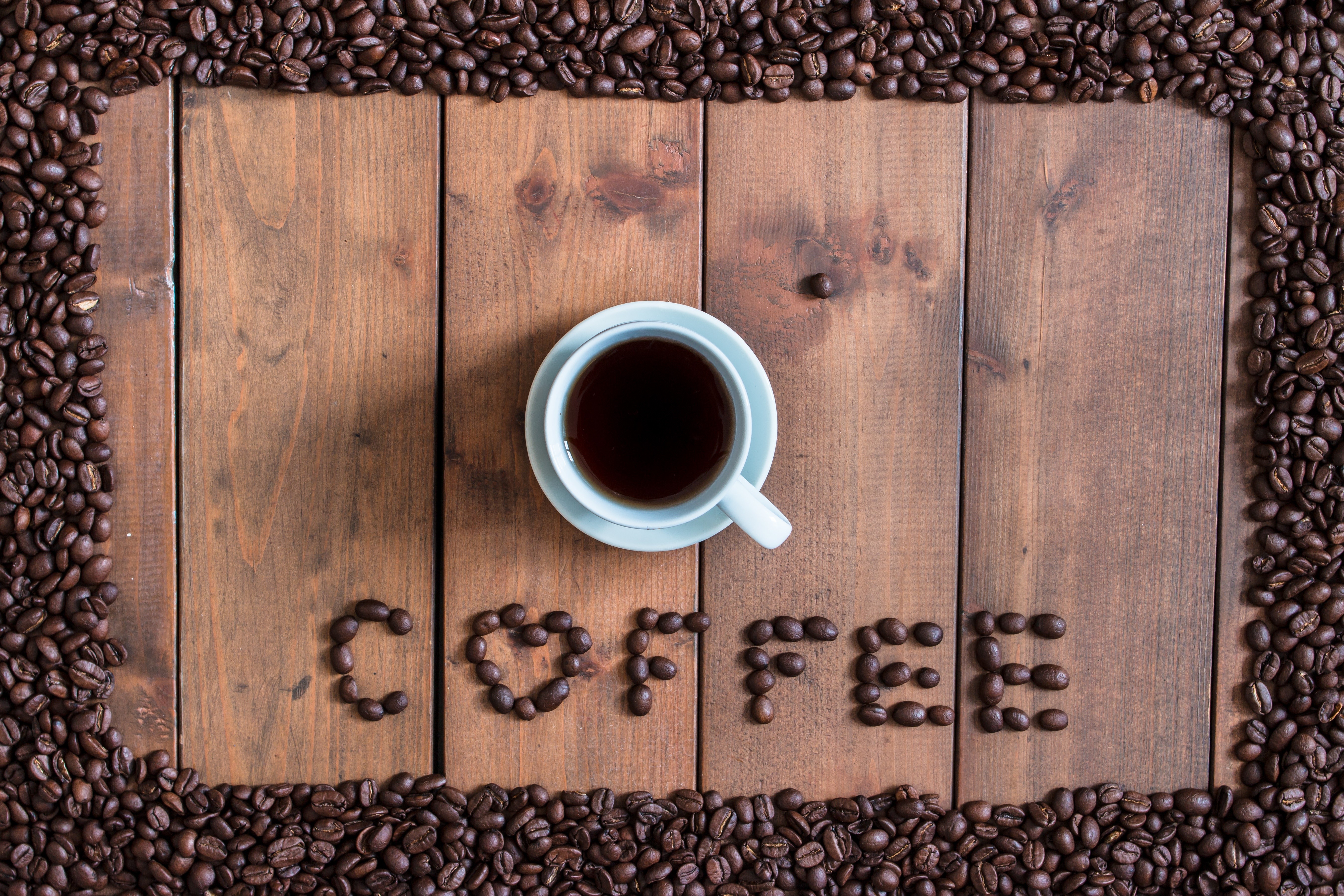 Coffee cup and beans spelling COFFEE HD Wallpaper