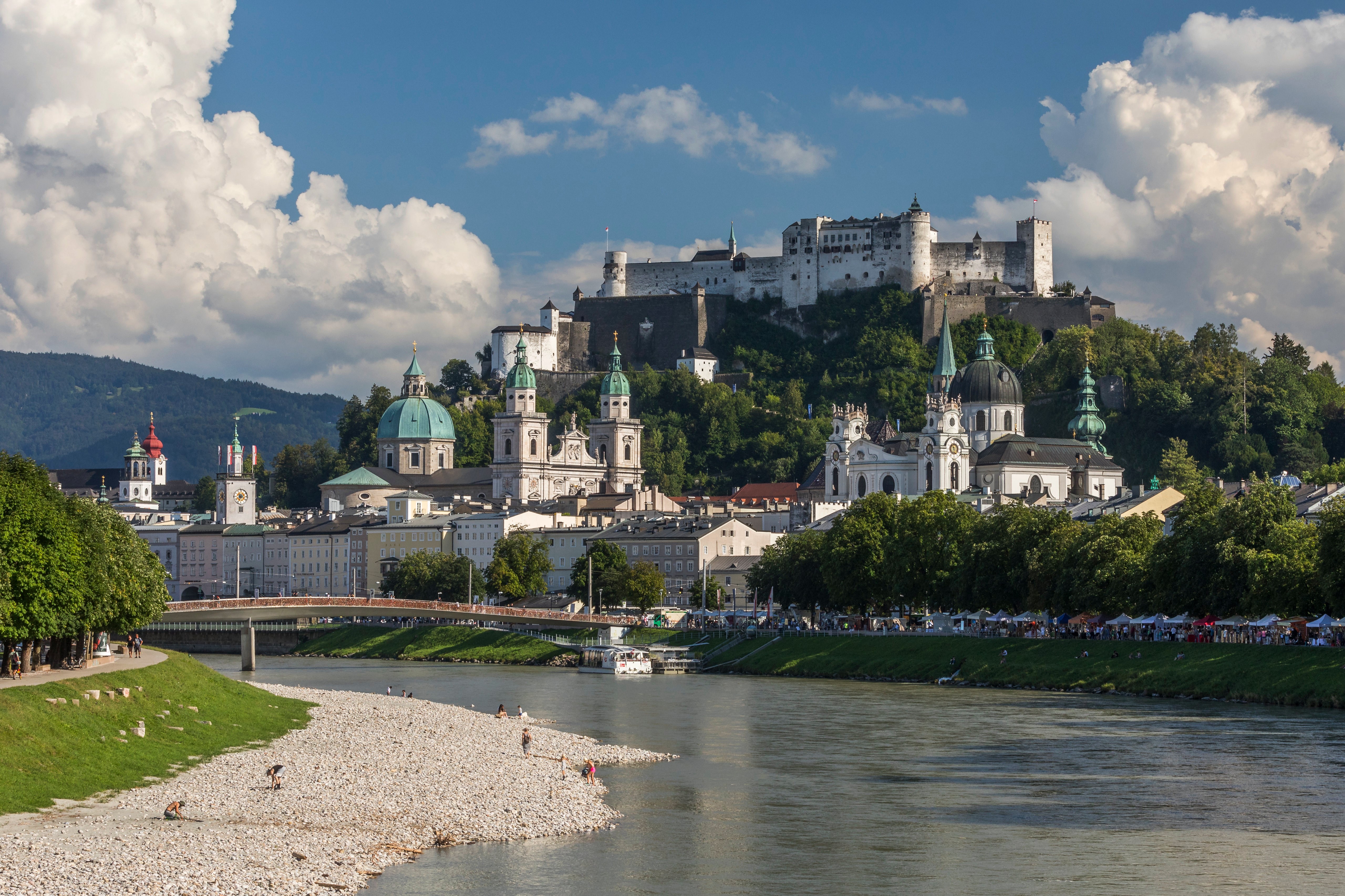Salzburg cityscape with Hohensalzburg Fortress and Salzach River HD Wallpaper