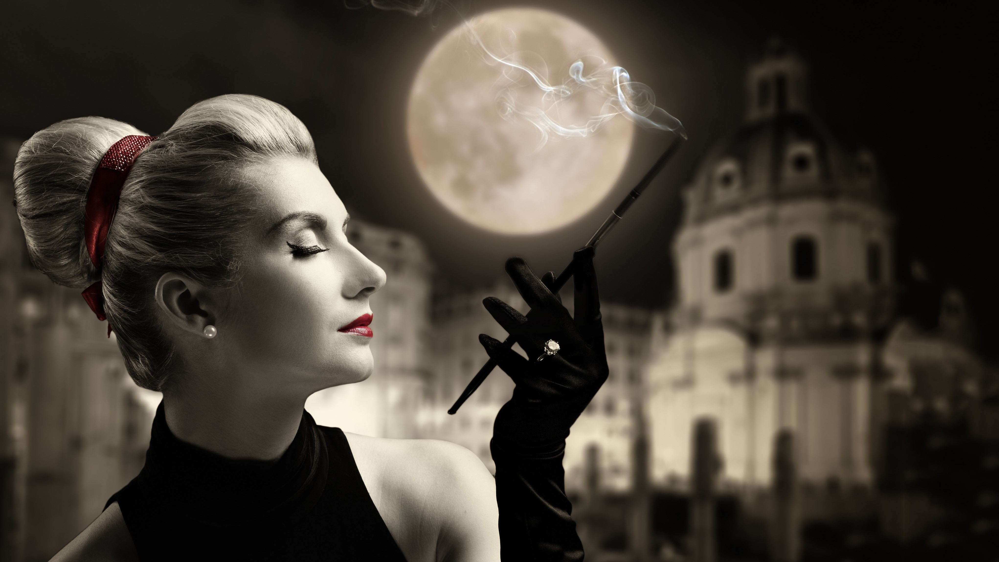 Woman smoking with moon and building in background HD Wallpaper