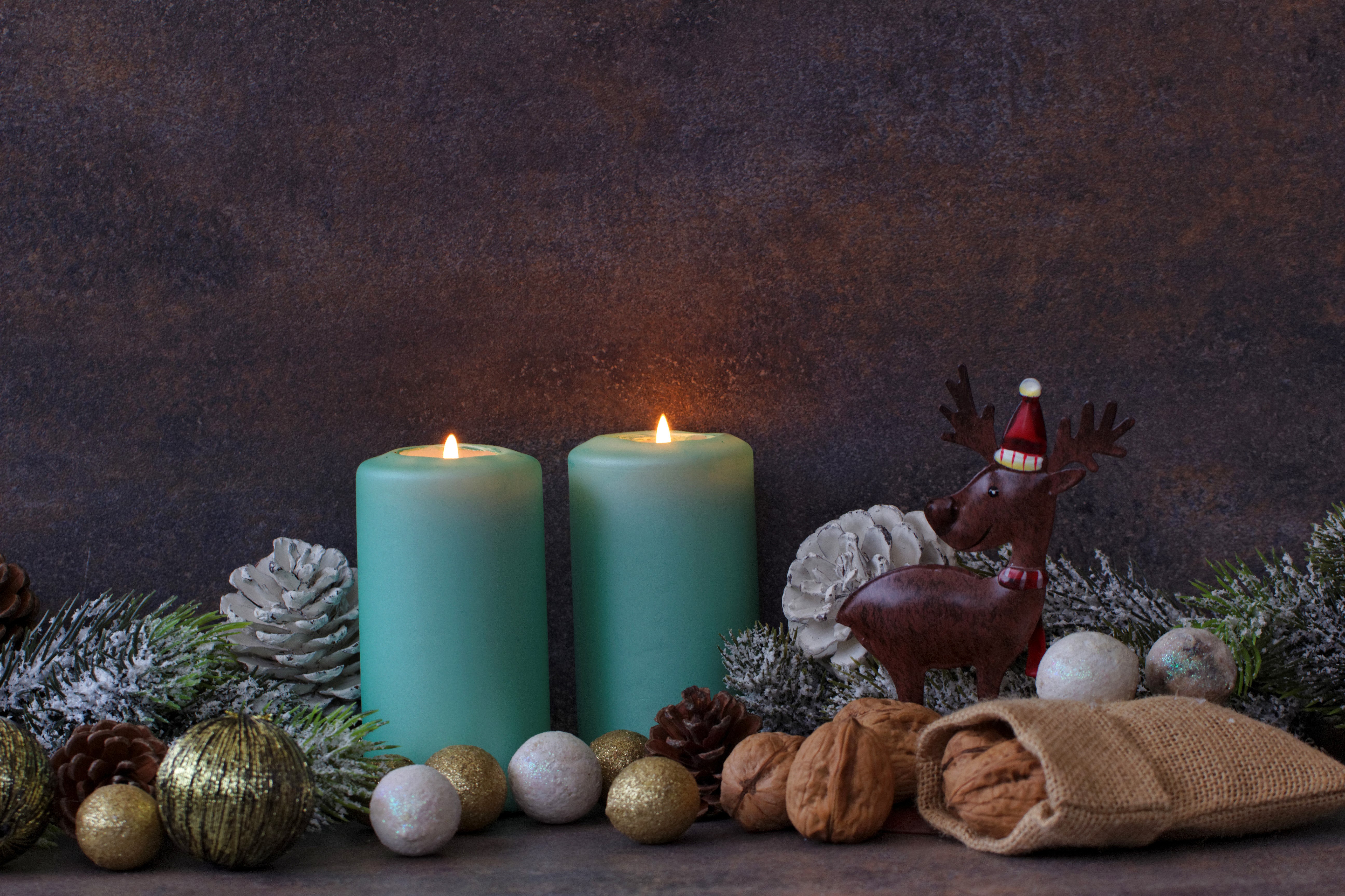 Christmas Candles with Deer and Ornaments HD Wallpaper
