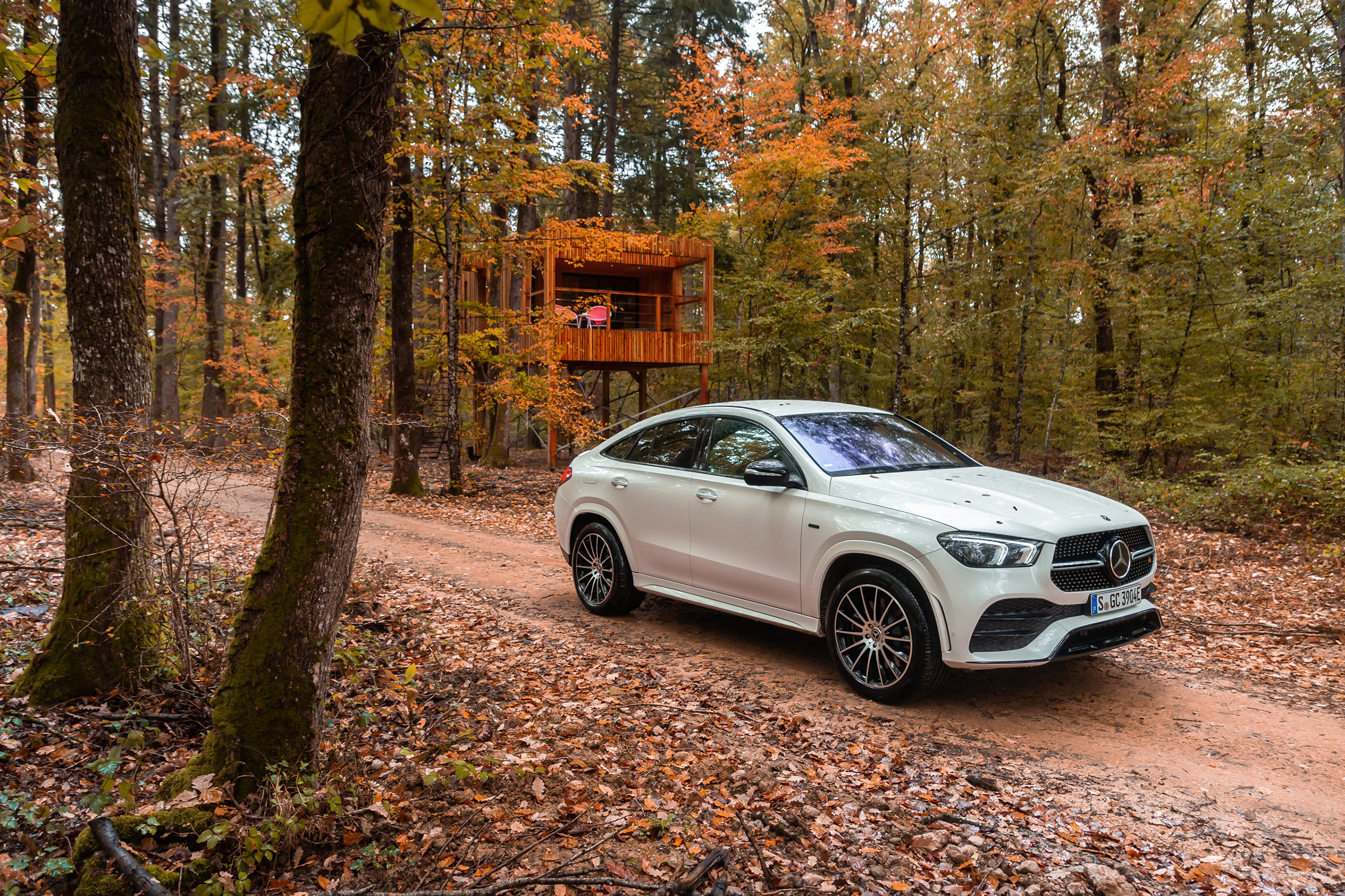 White Mercedes-Benz GLE Coupe in Autumn Forest HD Wallpaper