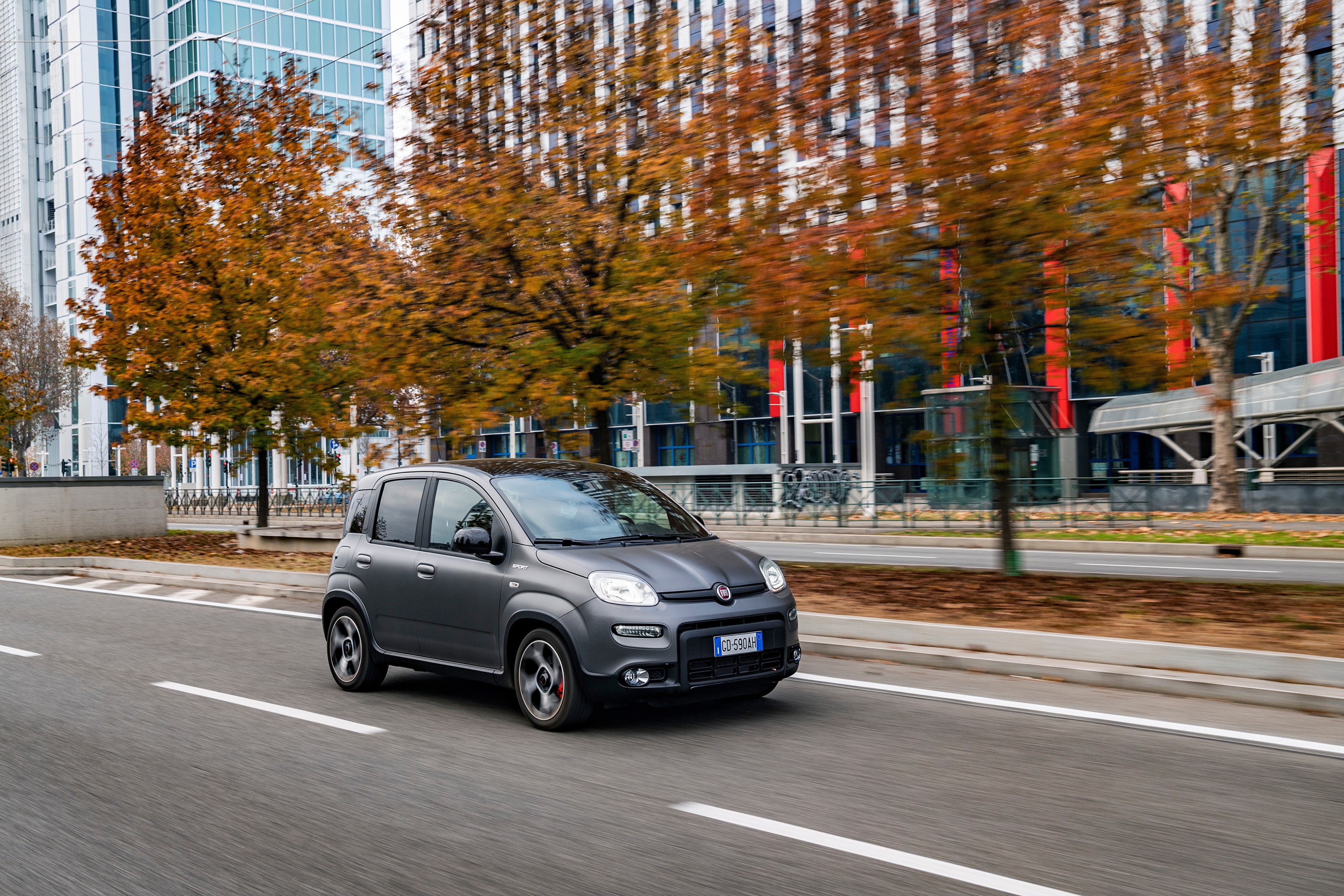 Grey Fiat Panda Sport Hybrid driving on asphalt HD Wallpaper