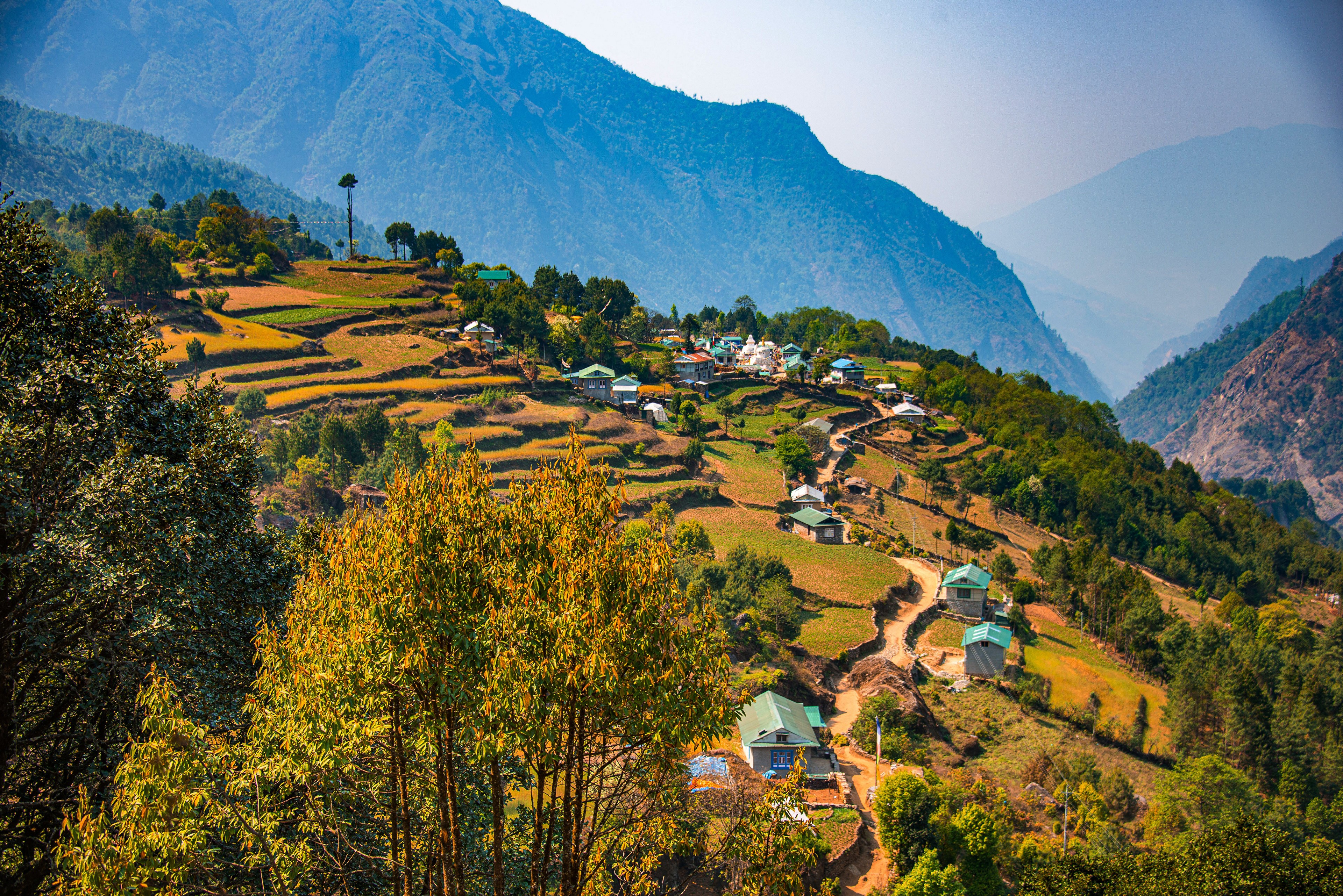 4K Everest Region Nepal Houses and Terraced Fields HD Wallpaper