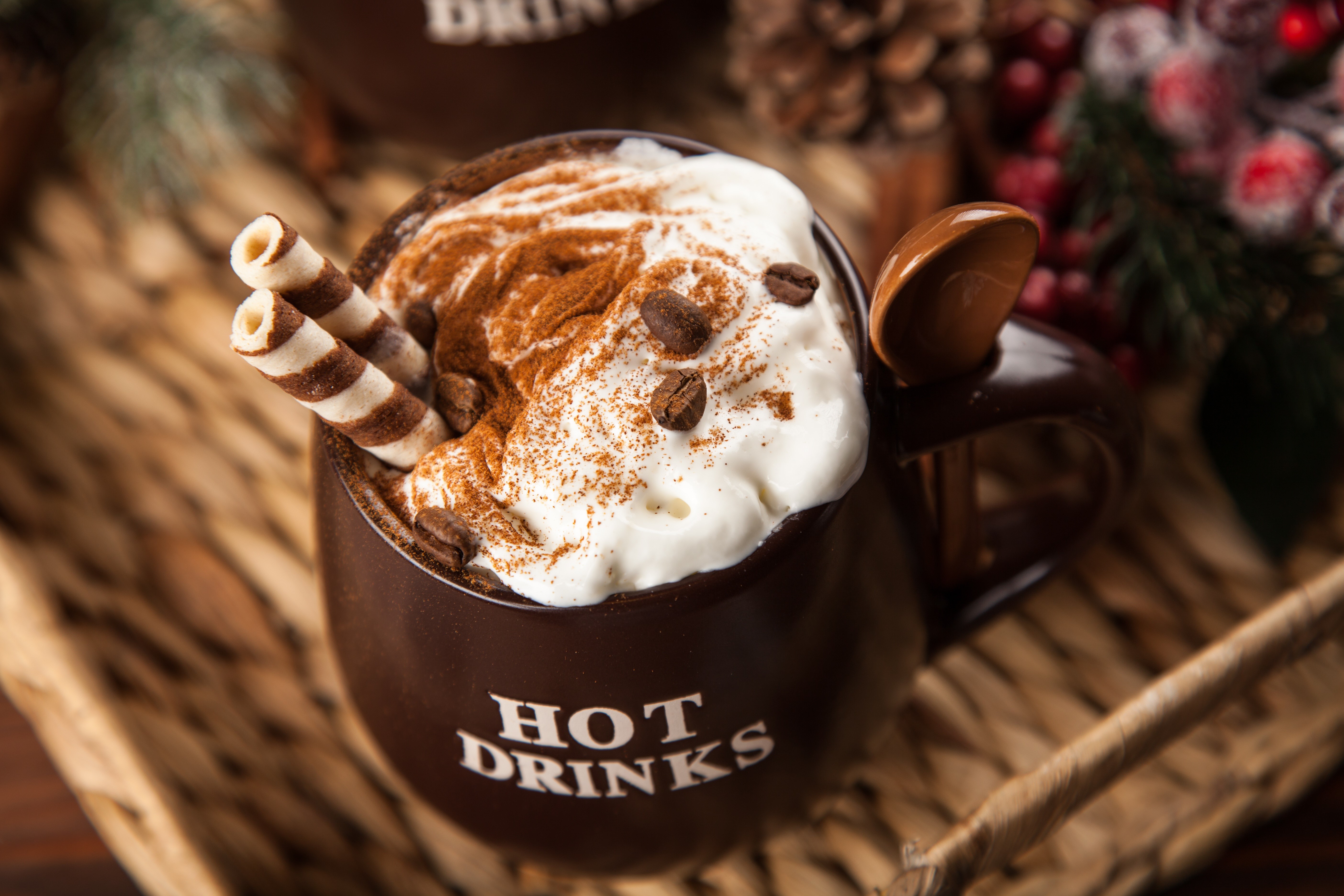 Hot chocolate in a mug with whipped cream and cinnamon HD Wallpaper