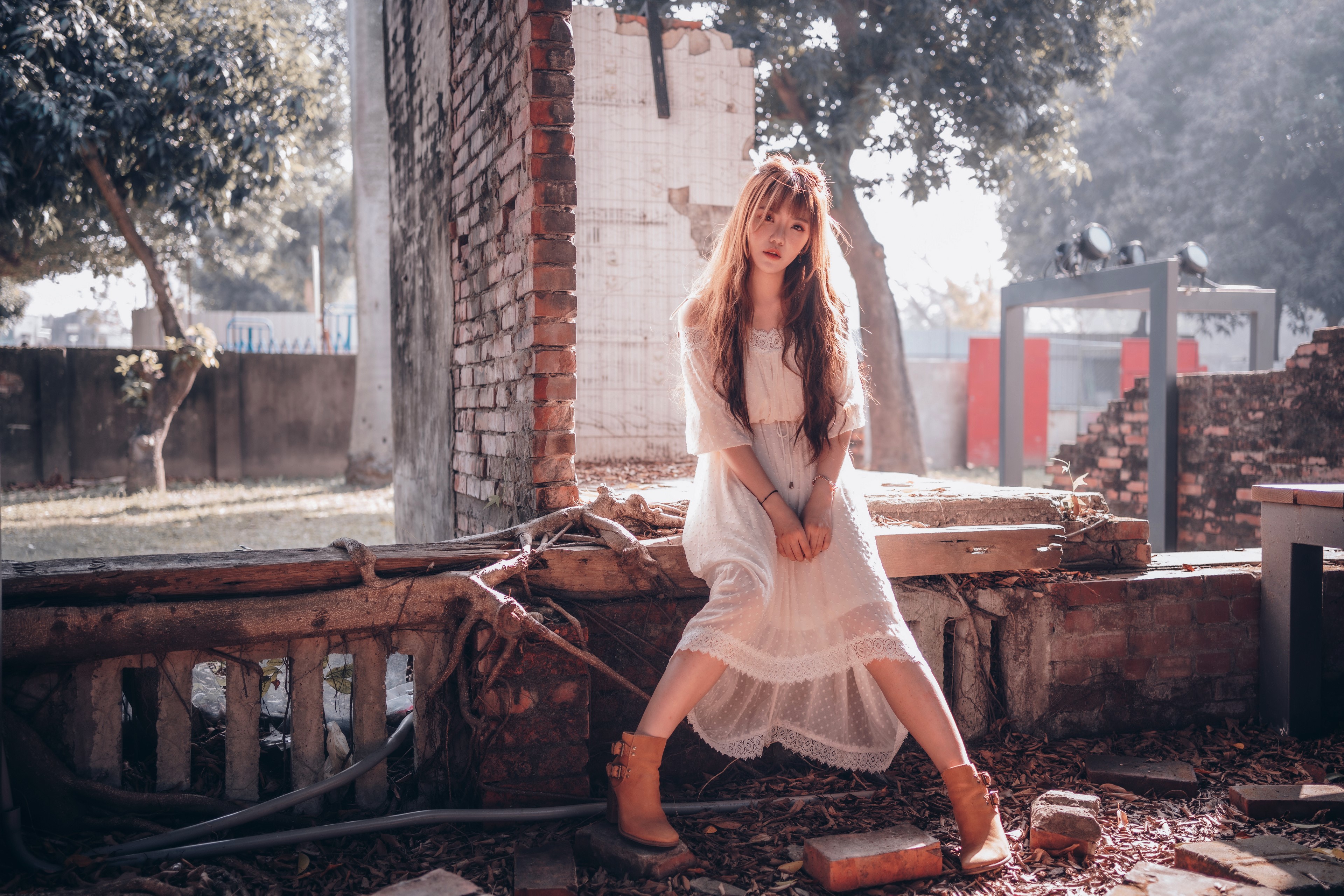 4K Asian Woman in White Dress Sitting HD Wallpaper