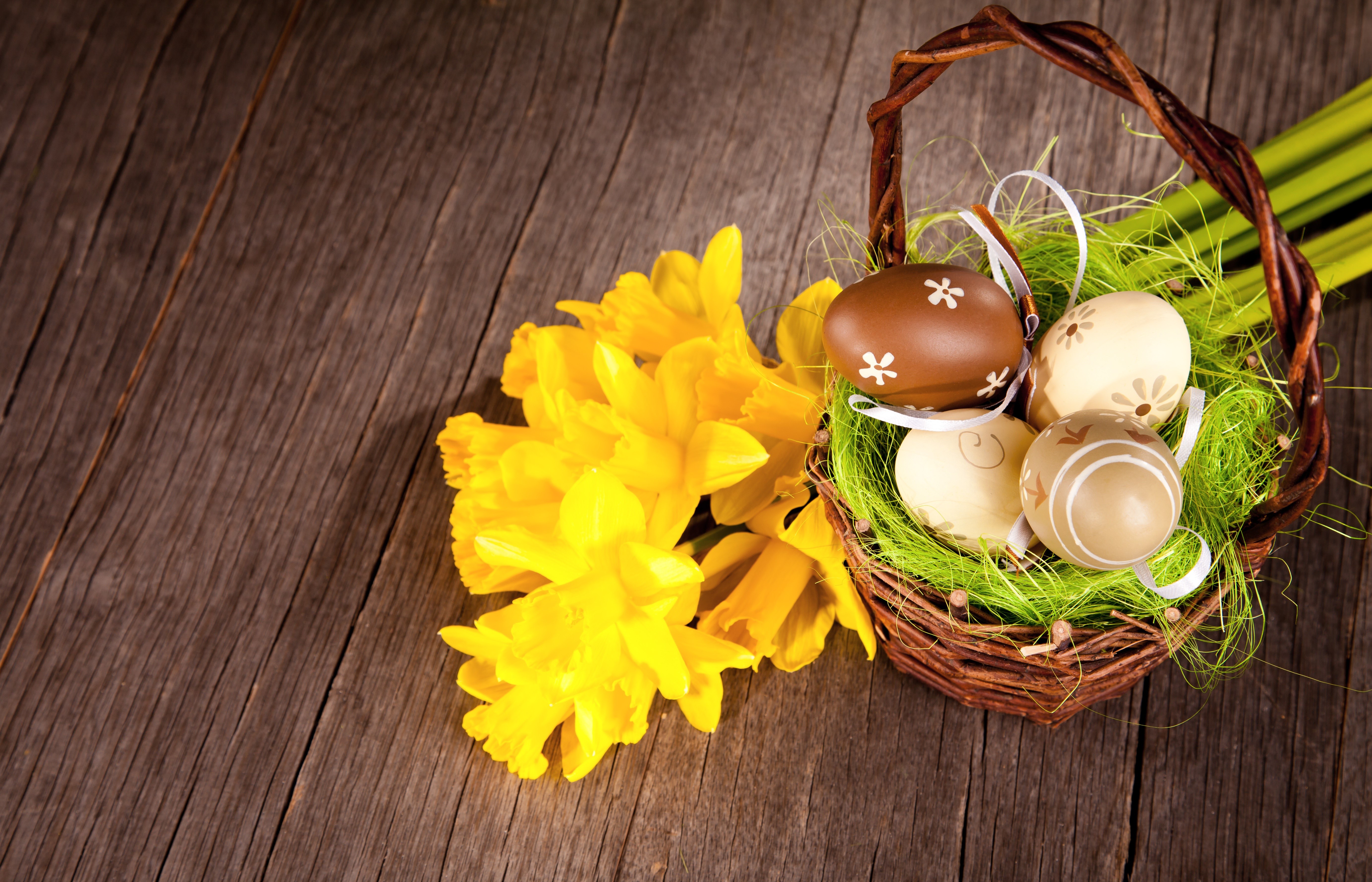 Easter basket with daffodils and decorated eggs HD Wallpaper