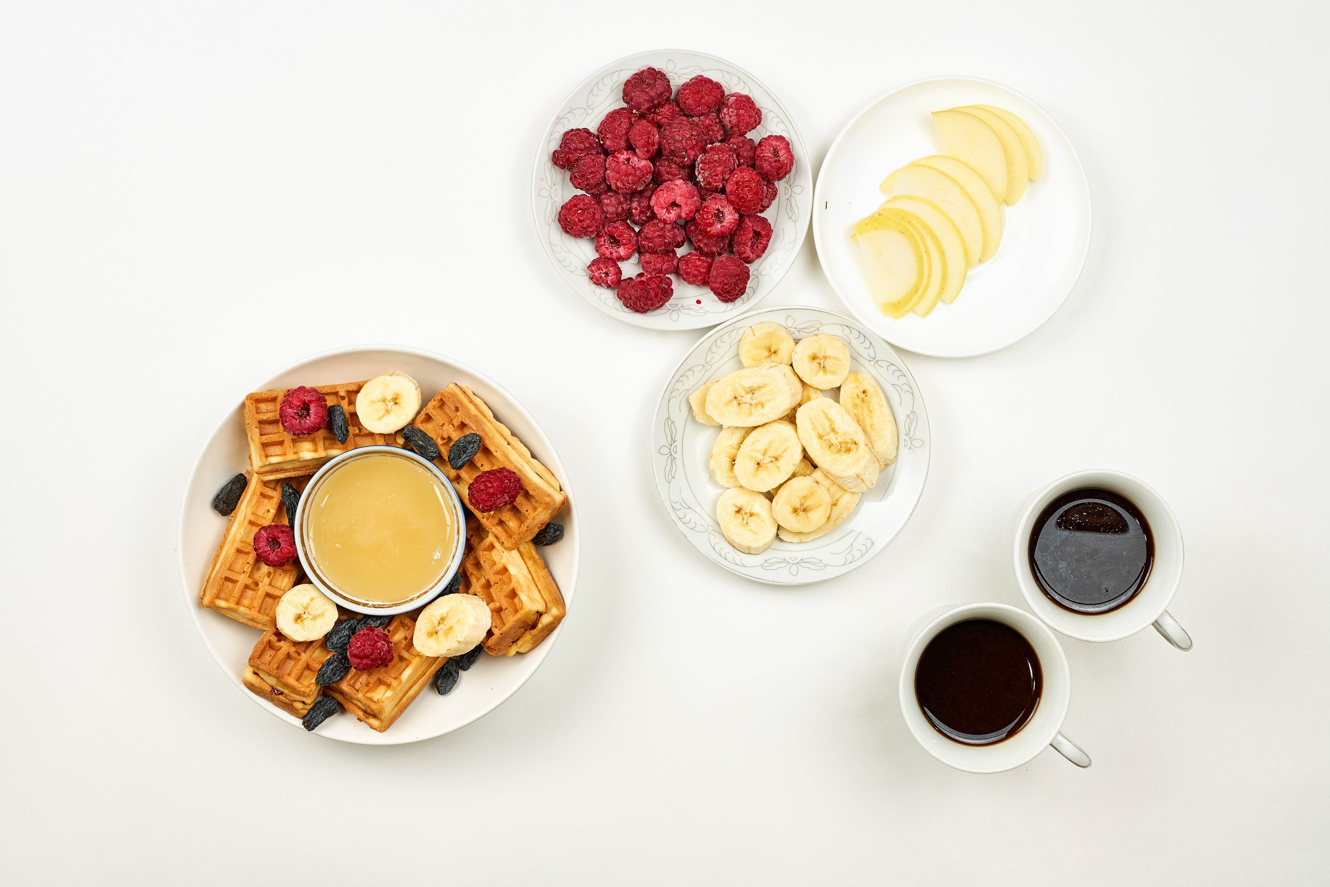 Waffles with Honey, Raspberries, Bananas, and Coffee HD Wallpaper