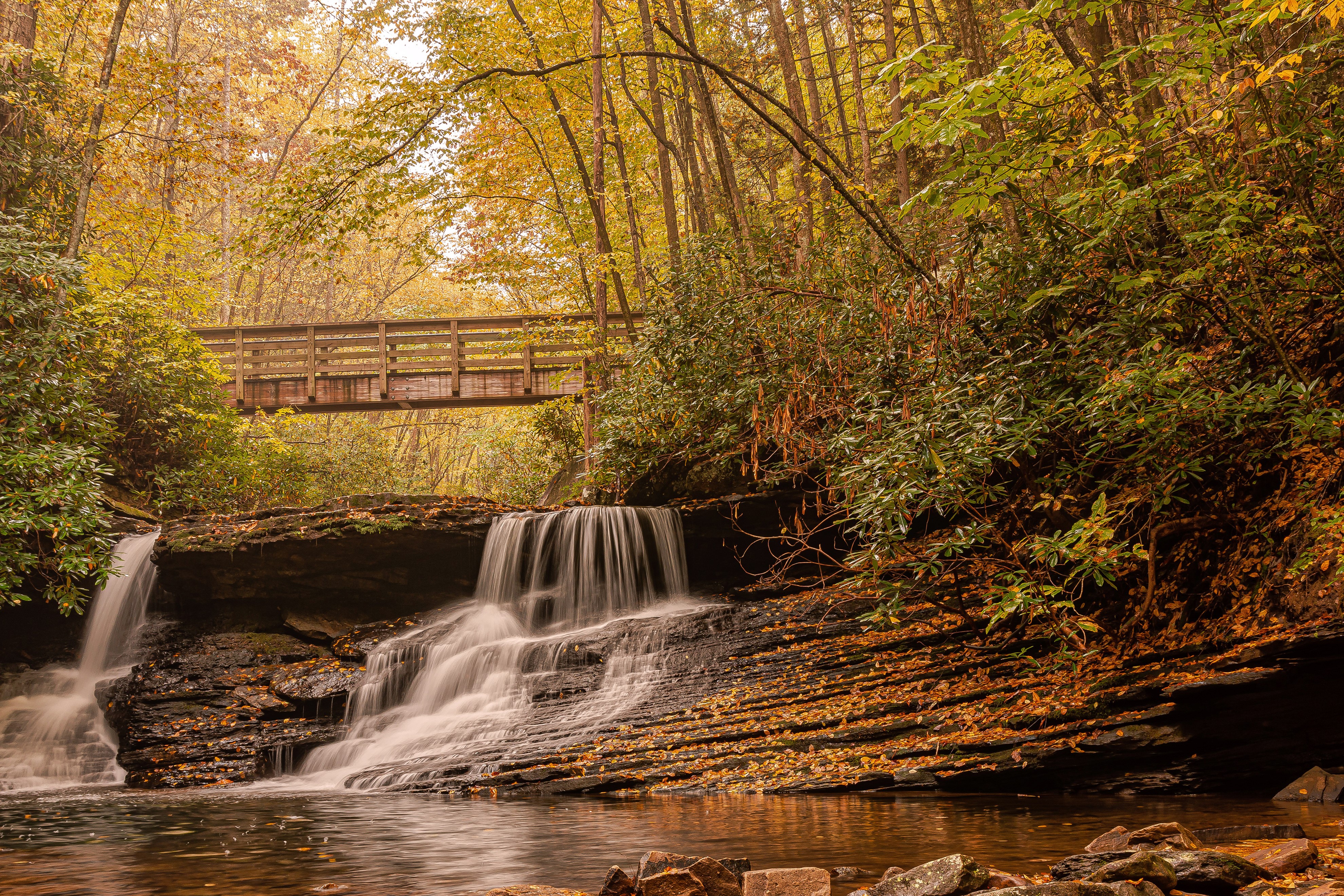 Autumn Waterfalls and Bridge in Jefferson National Forest, Virginia HD Wallpaper