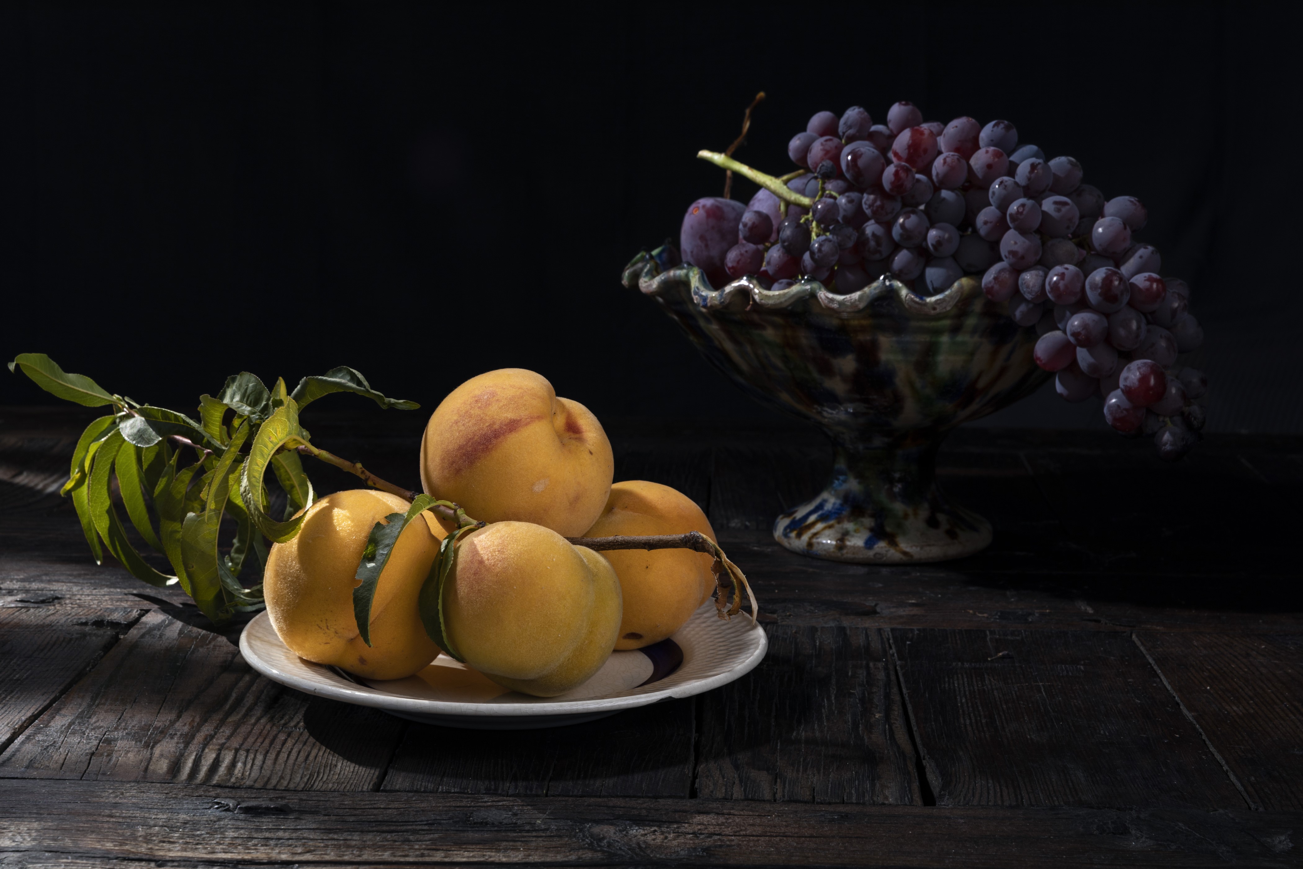 Grapes and Peaches on a Plate with Branches HD Wallpaper
