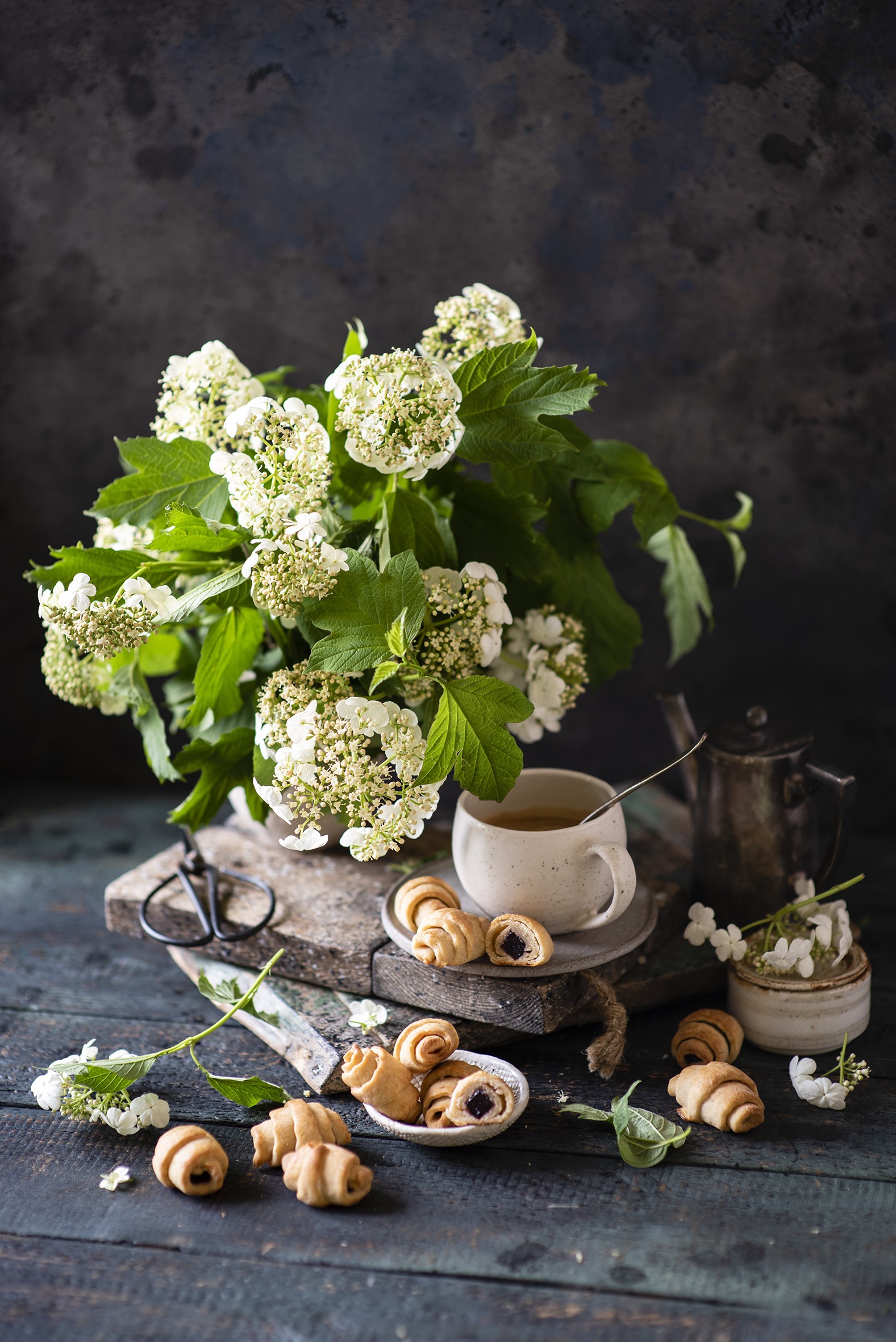 Still life with white flowers and croissants HD Phone Wallpaper