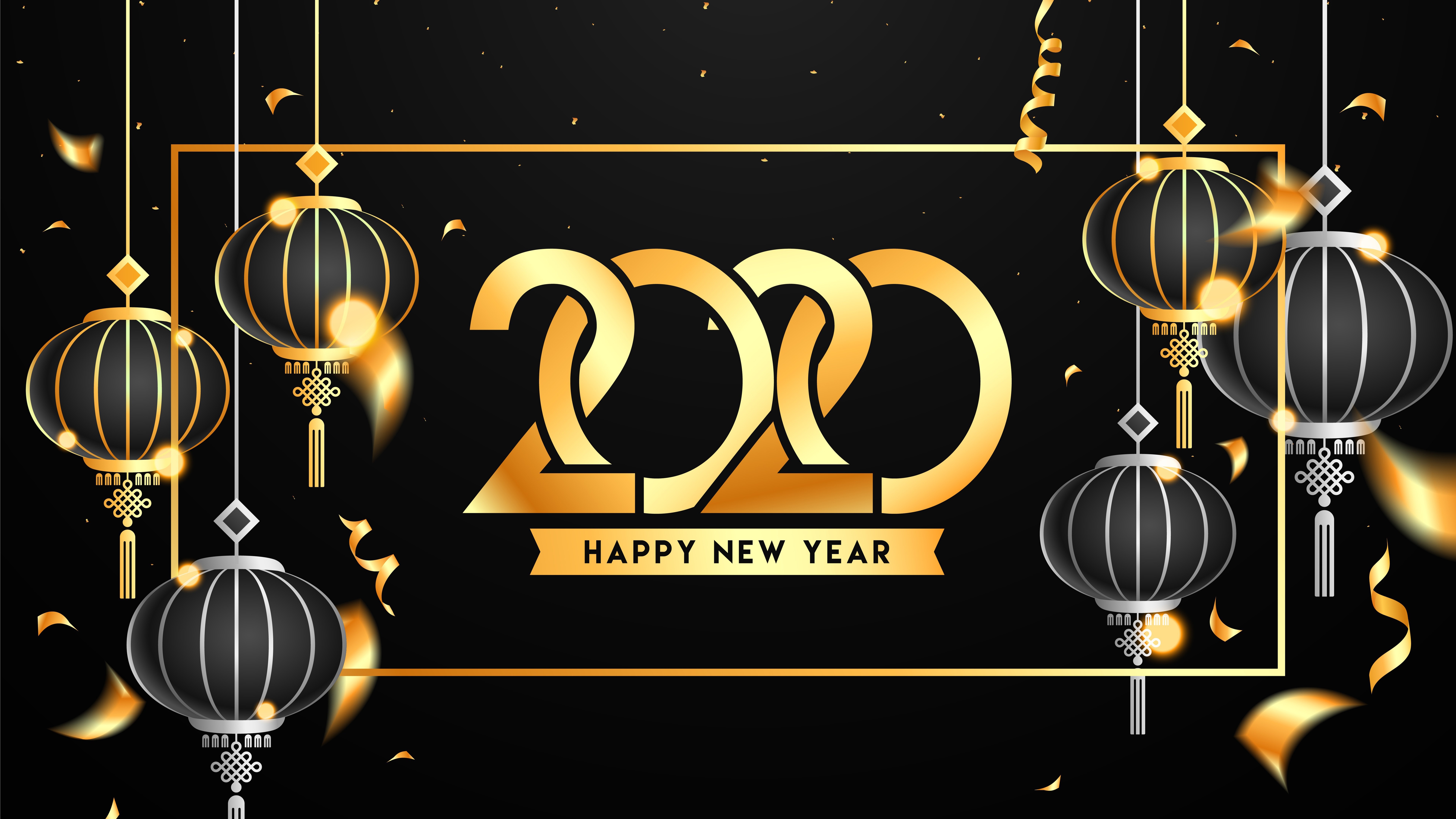 Happy New Year 2020 with Lanterns and Confetti HD Wallpaper