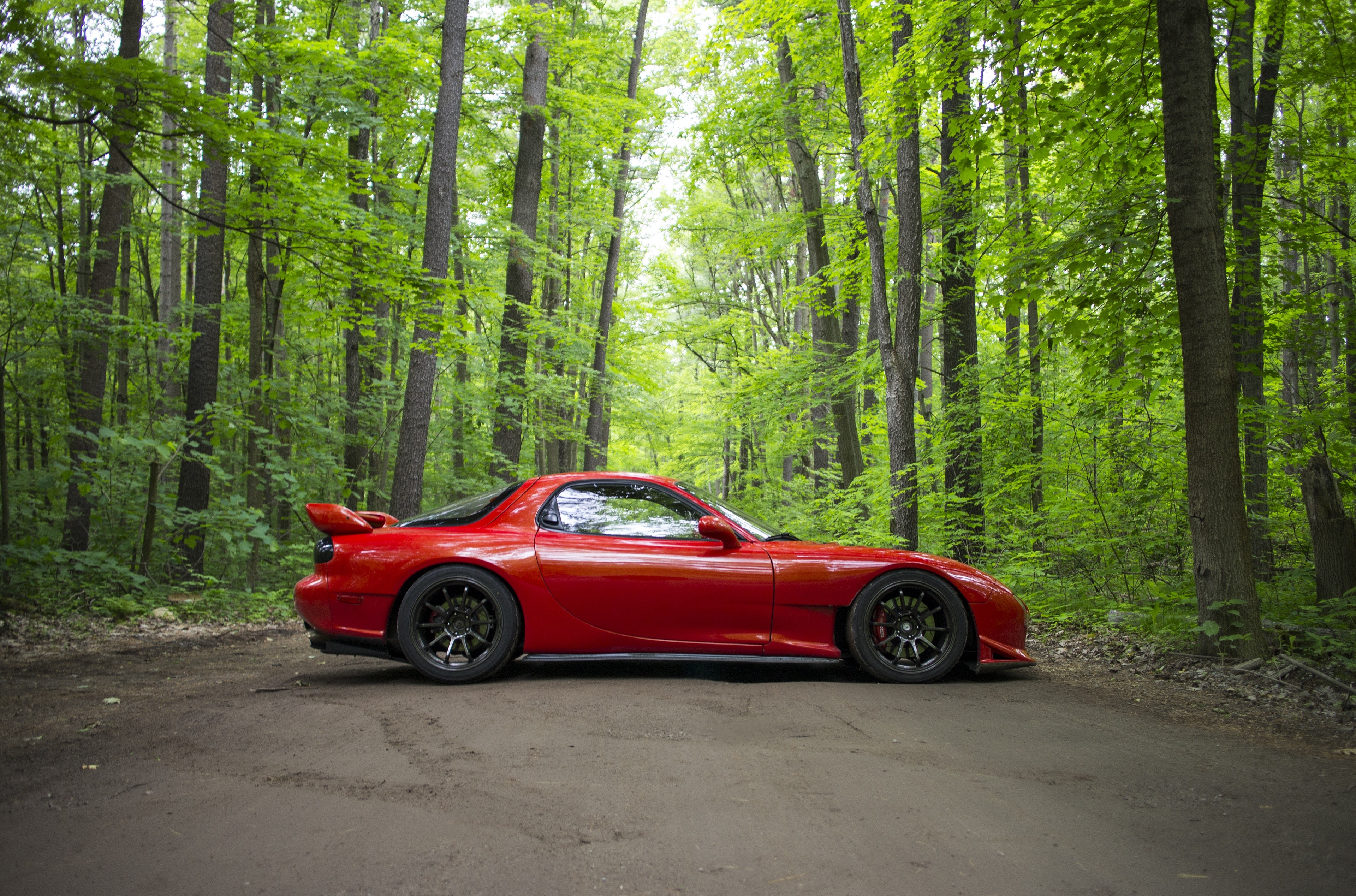 Red Mazda RX-7 in Forest HD Wallpaper