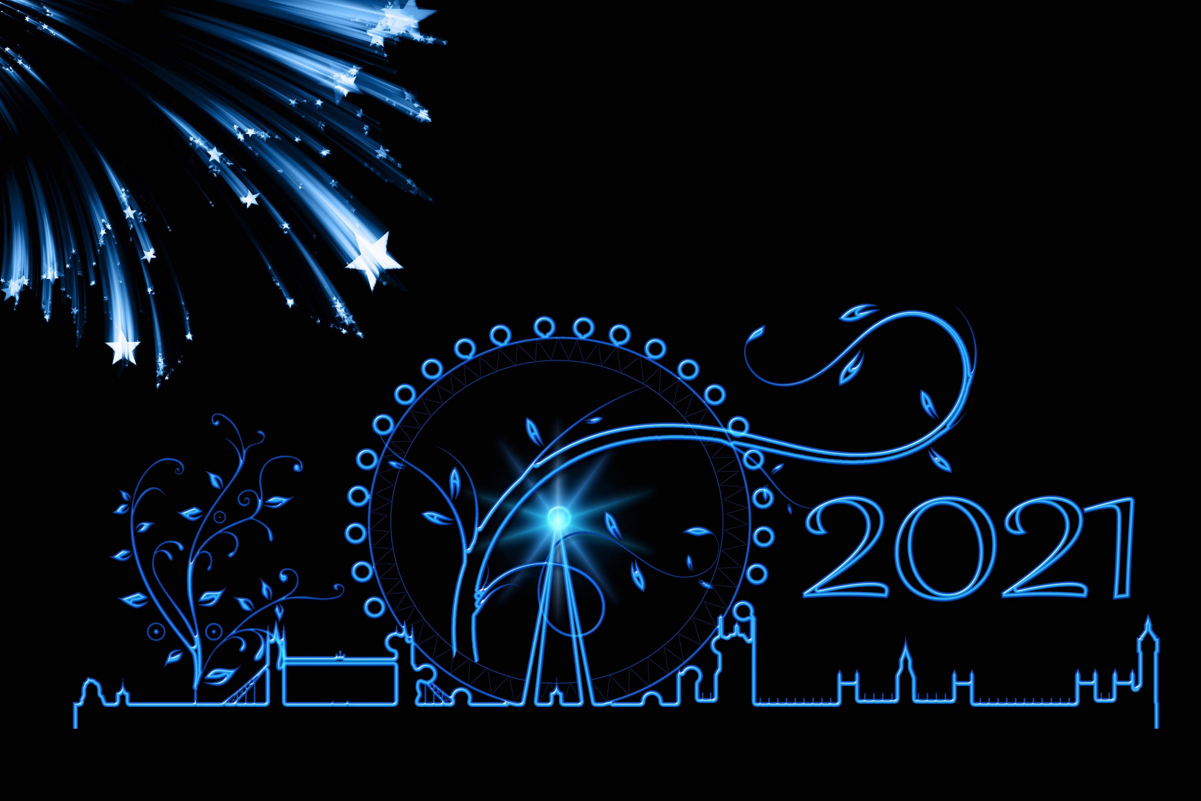 Blue Neon London Skyline 2021 Fireworks HD Wallpaper