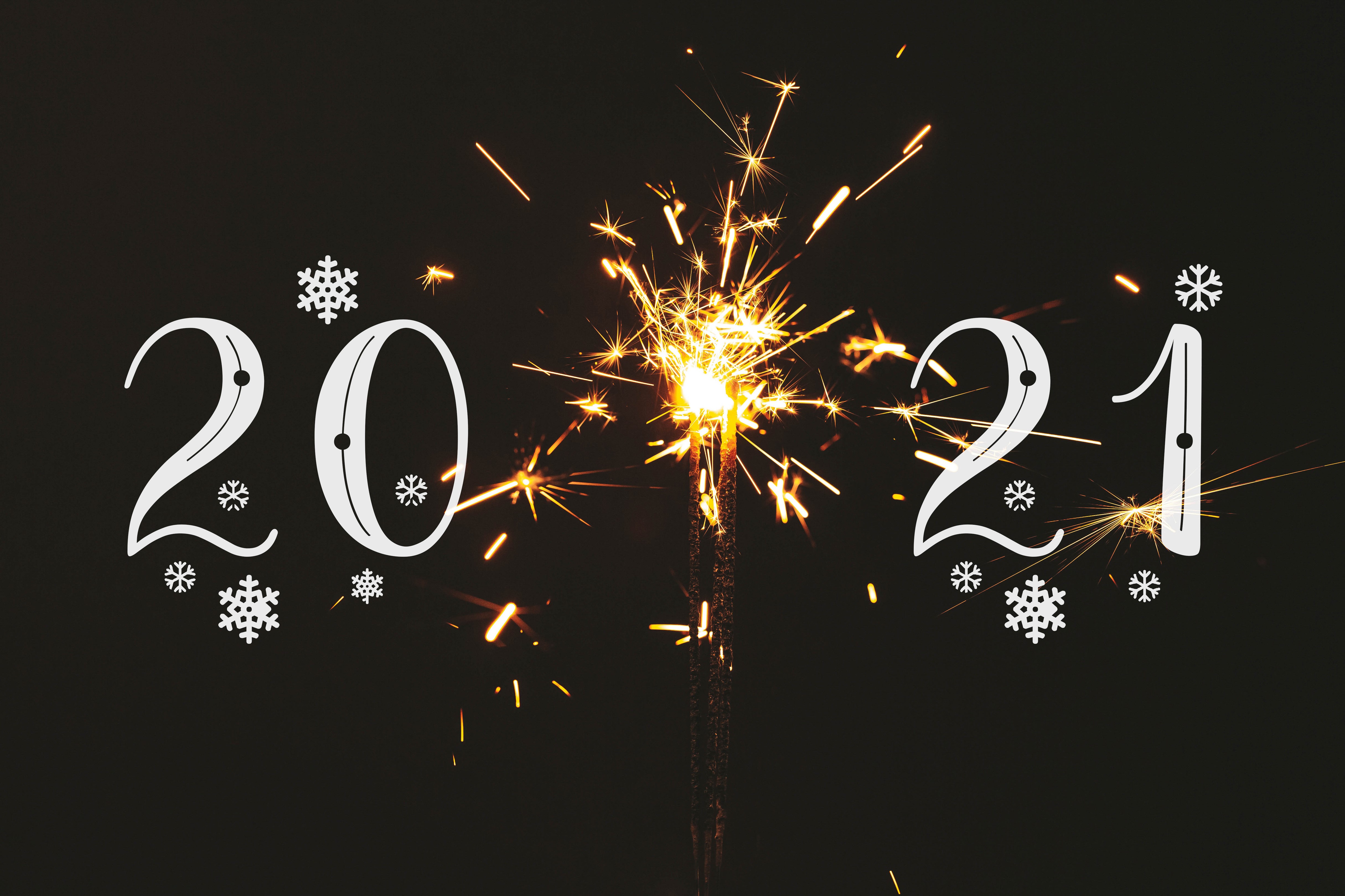 2021 Sparkler and Snowflakes on Black Background HD Wallpaper