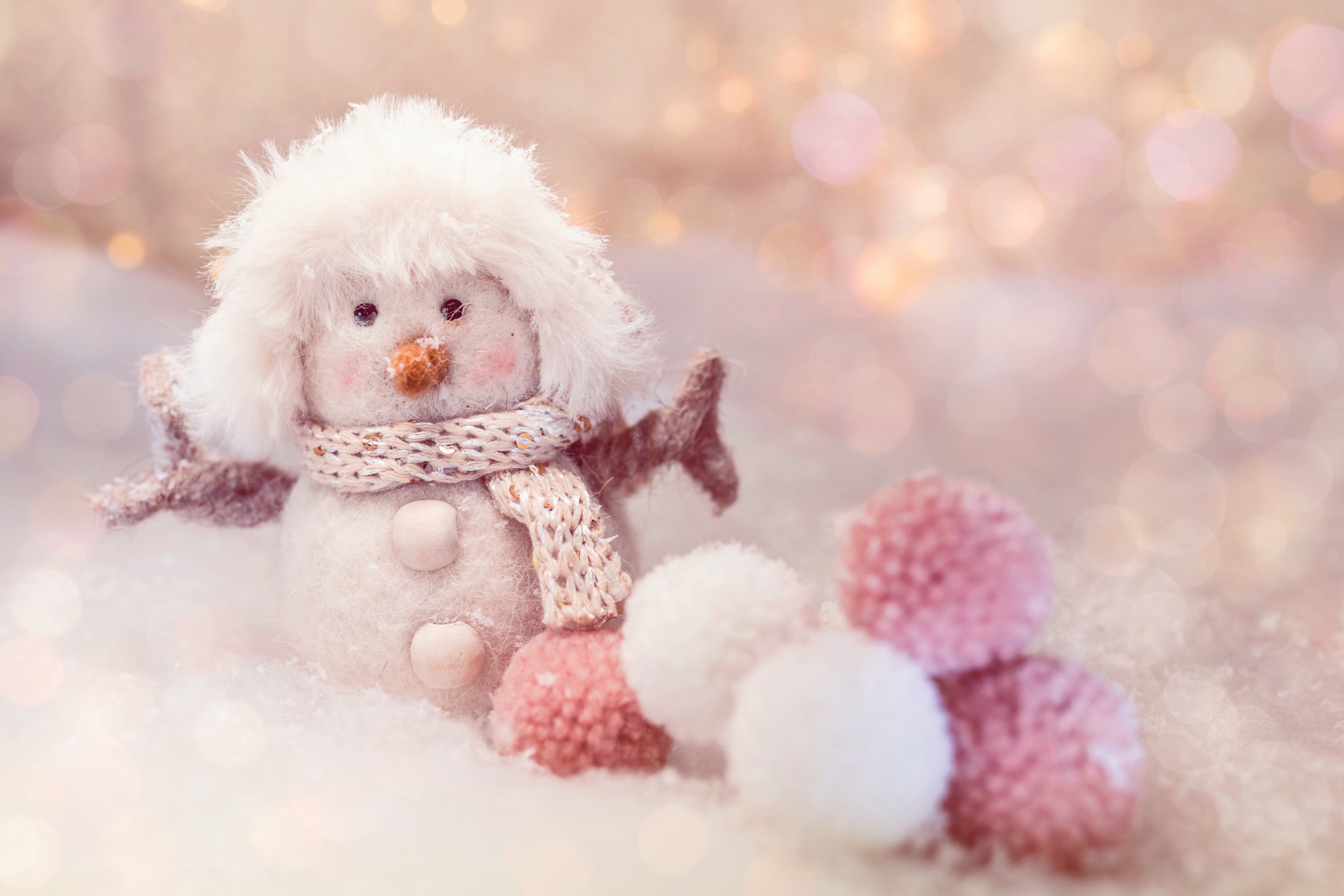 Snowman toy with scarf and pom-poms HD Wallpaper