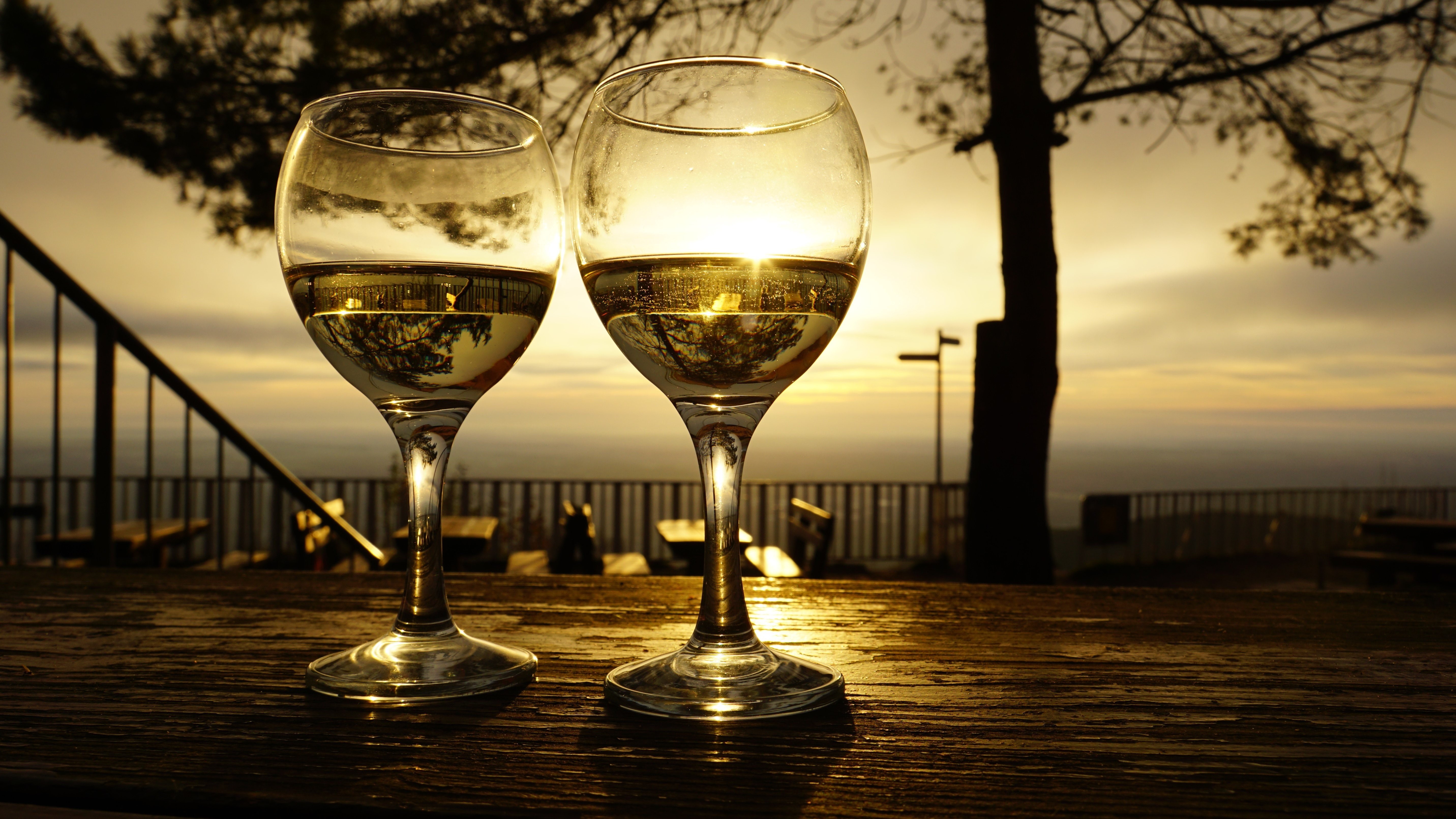 Two glasses of white wine at sunset HD Wallpaper