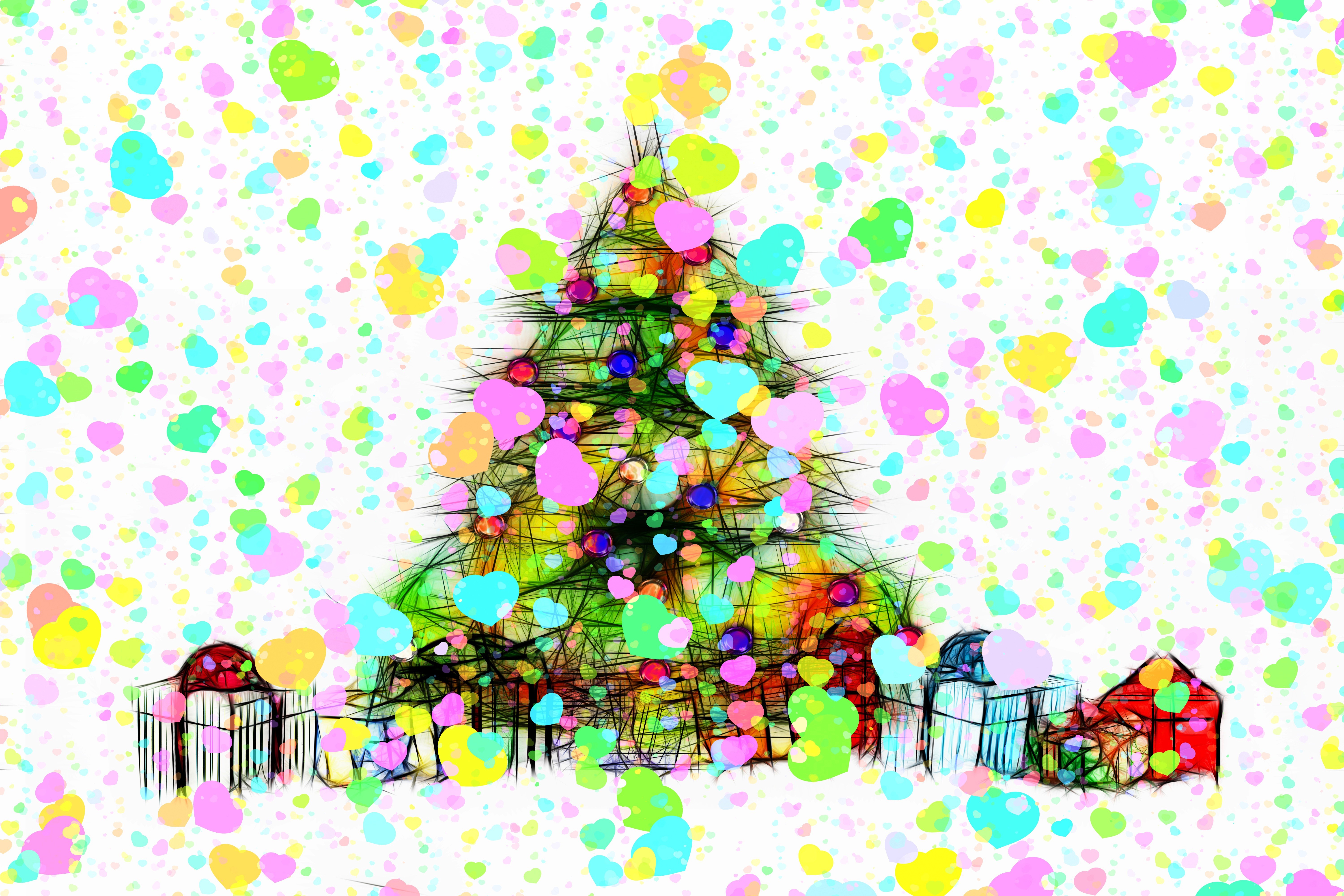 Christmas tree with gifts and colorful hearts HD Wallpaper