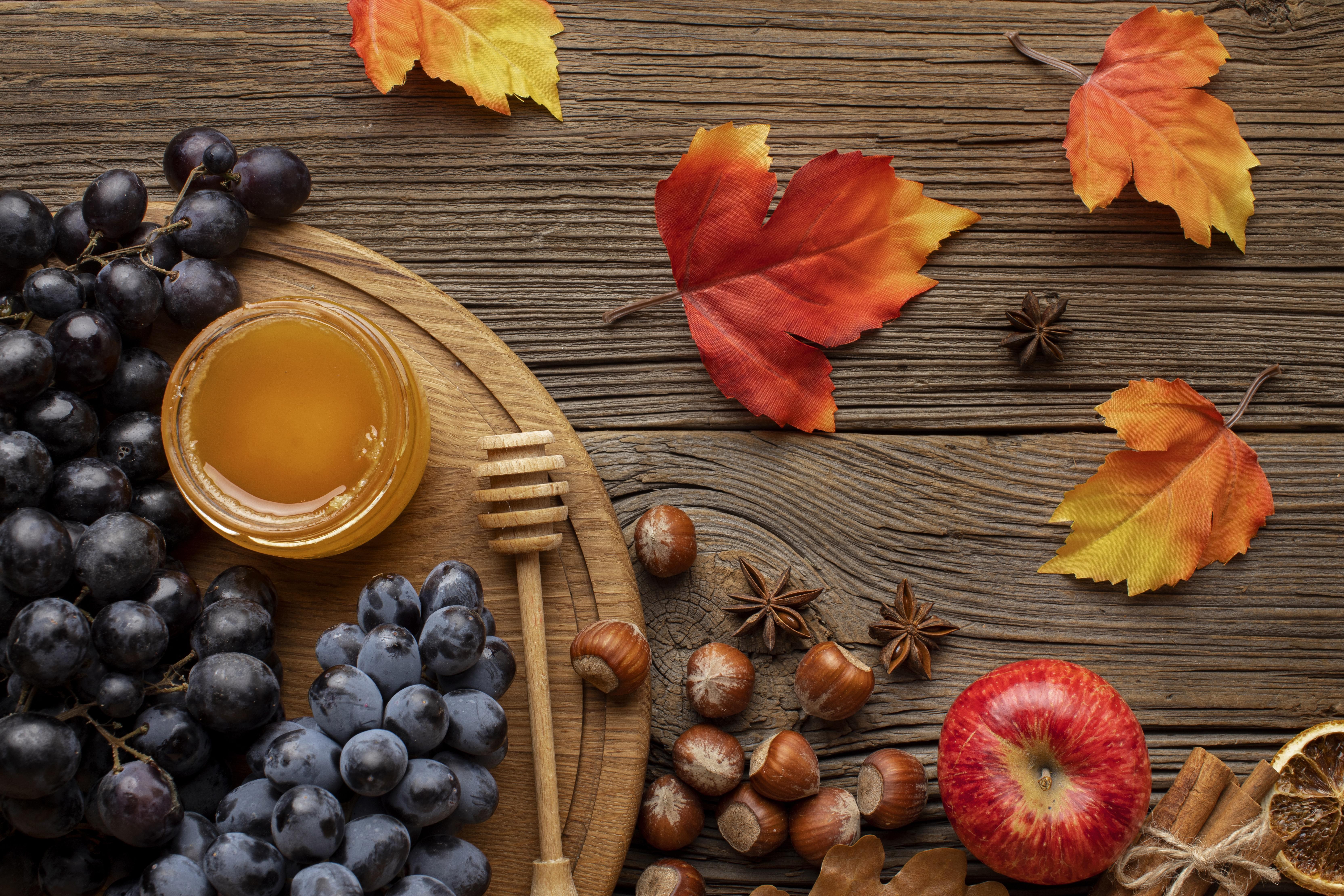 Autumn still life with grapes, honey, and nuts HD Wallpaper