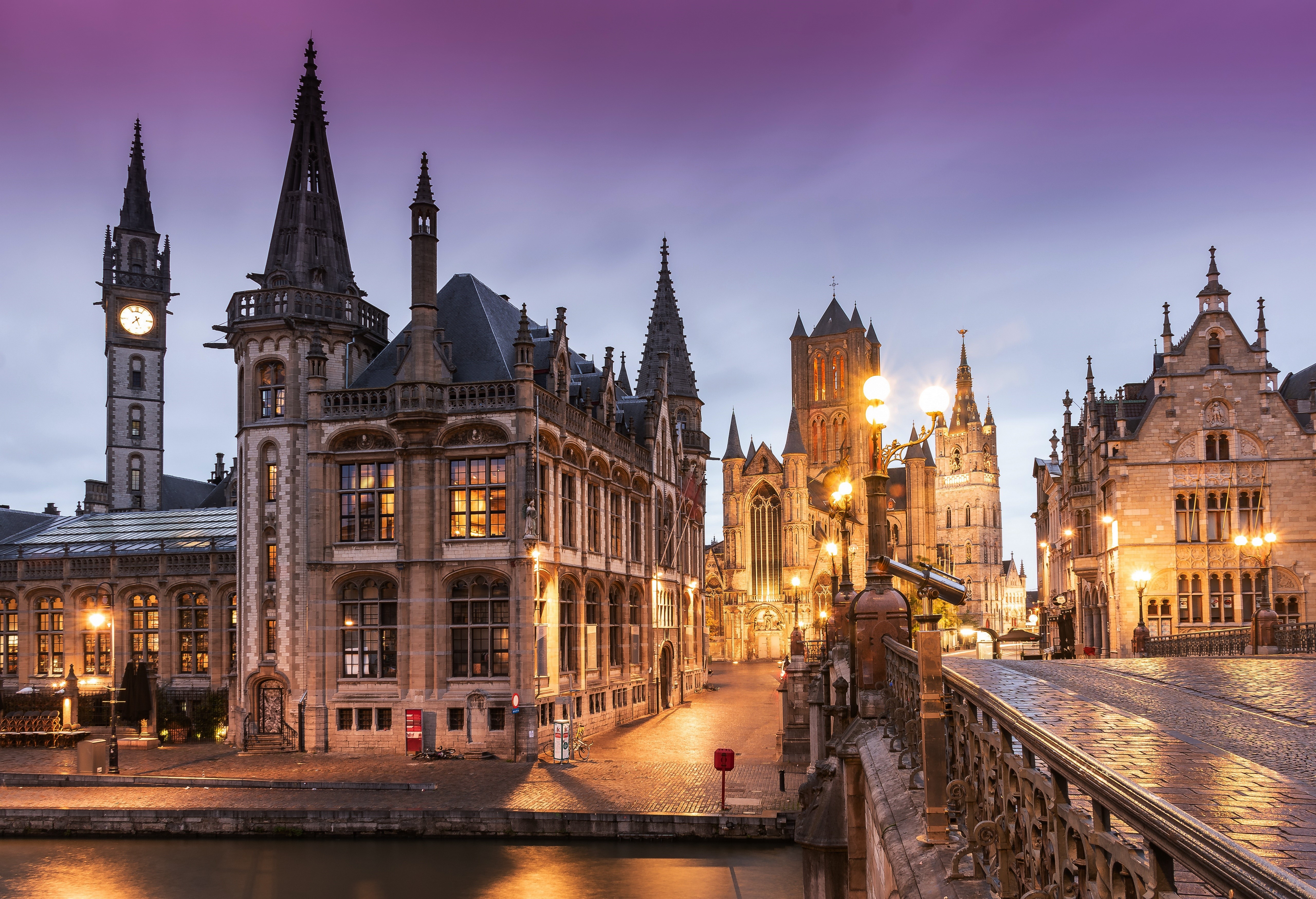 Ghent, Belgium at Dusk with Historic Buildings HD Wallpaper