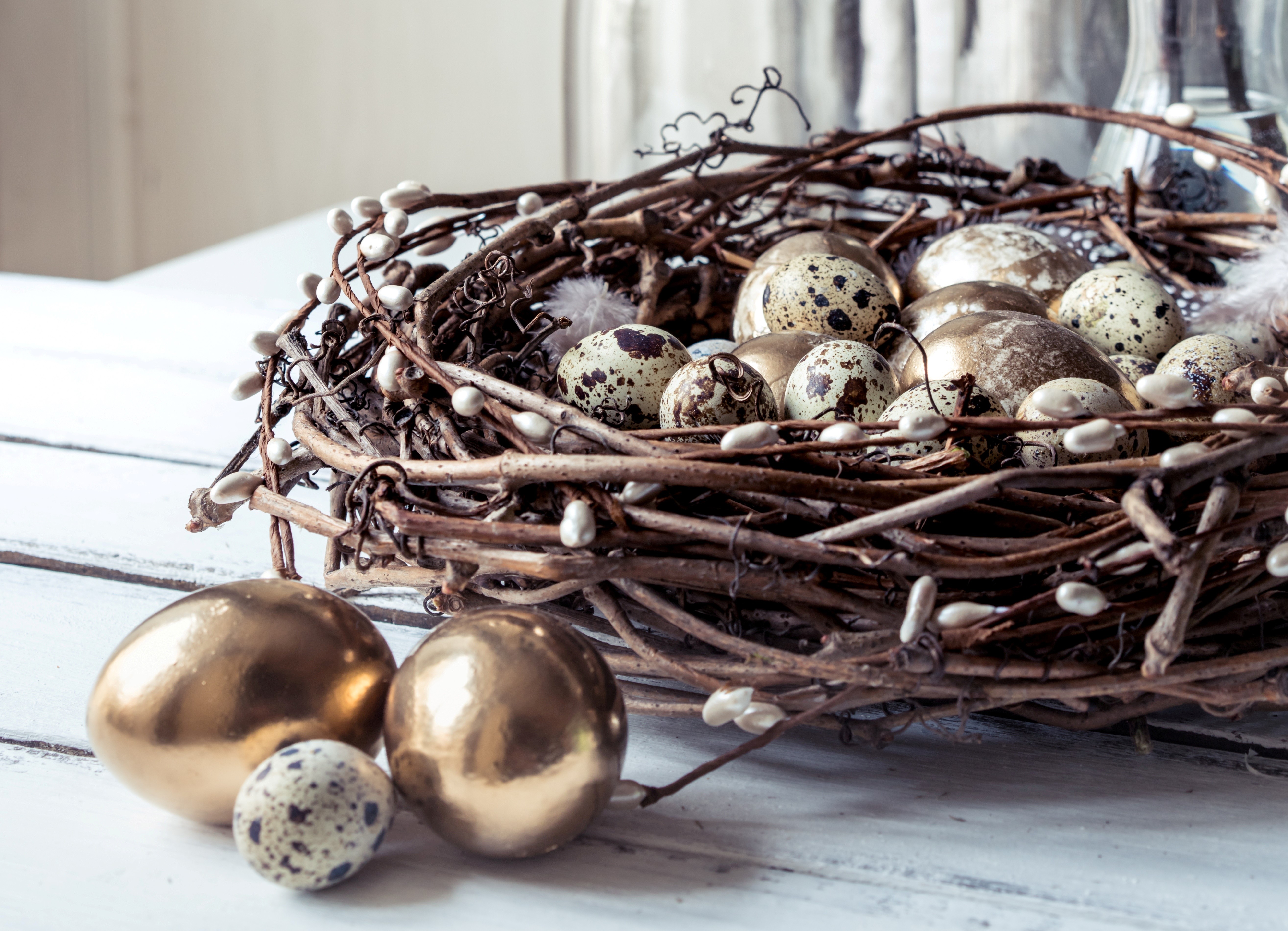 Easter Nest with Golden and Quail Eggs HD Wallpaper
