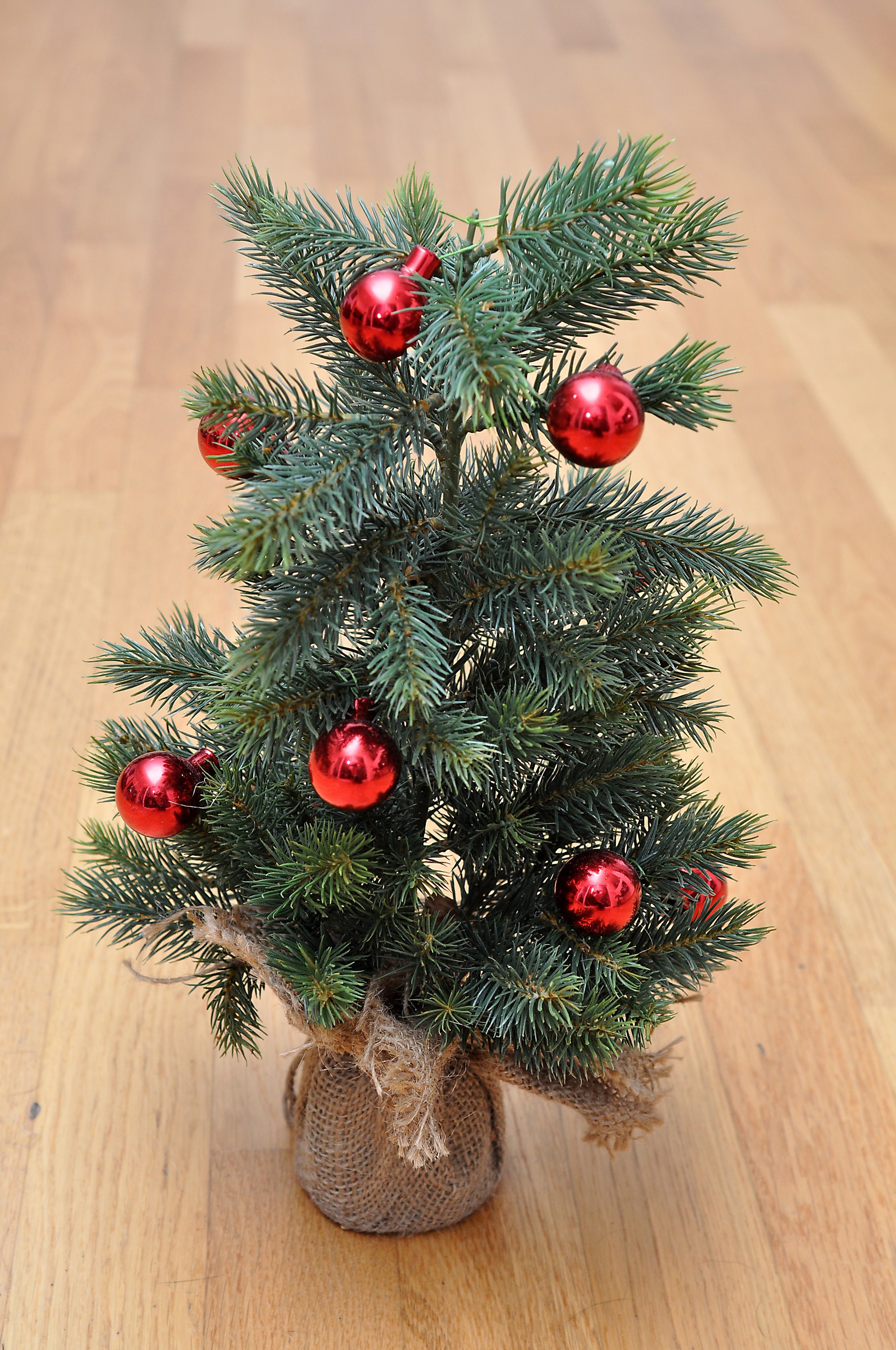 Small decorated Christmas tree with red ornaments HD Phone Wallpaper