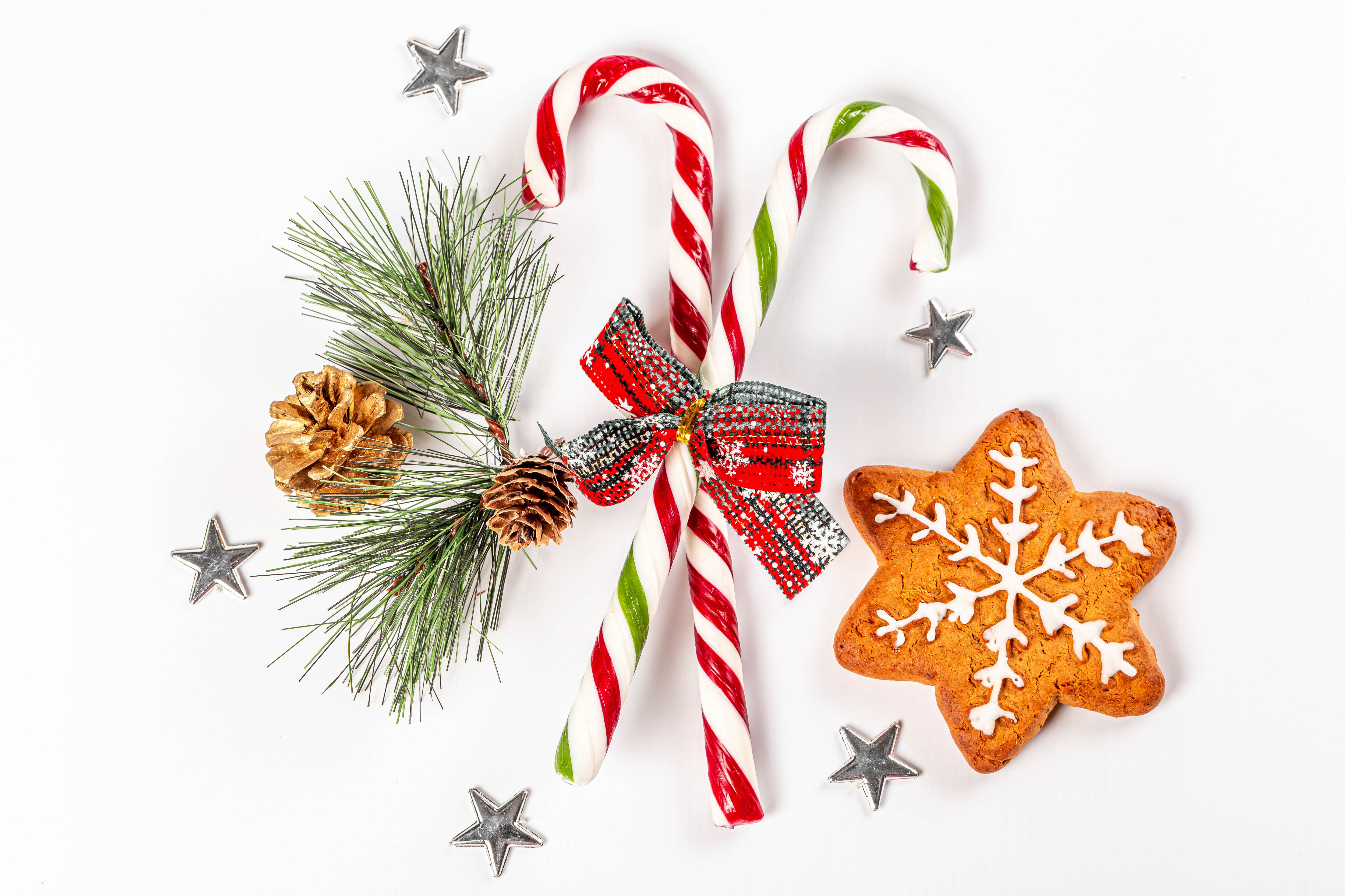Christmas candy canes, pine branch, pine cones, gingerbread star cookie, and star decorations on a white background HD Wallpaper