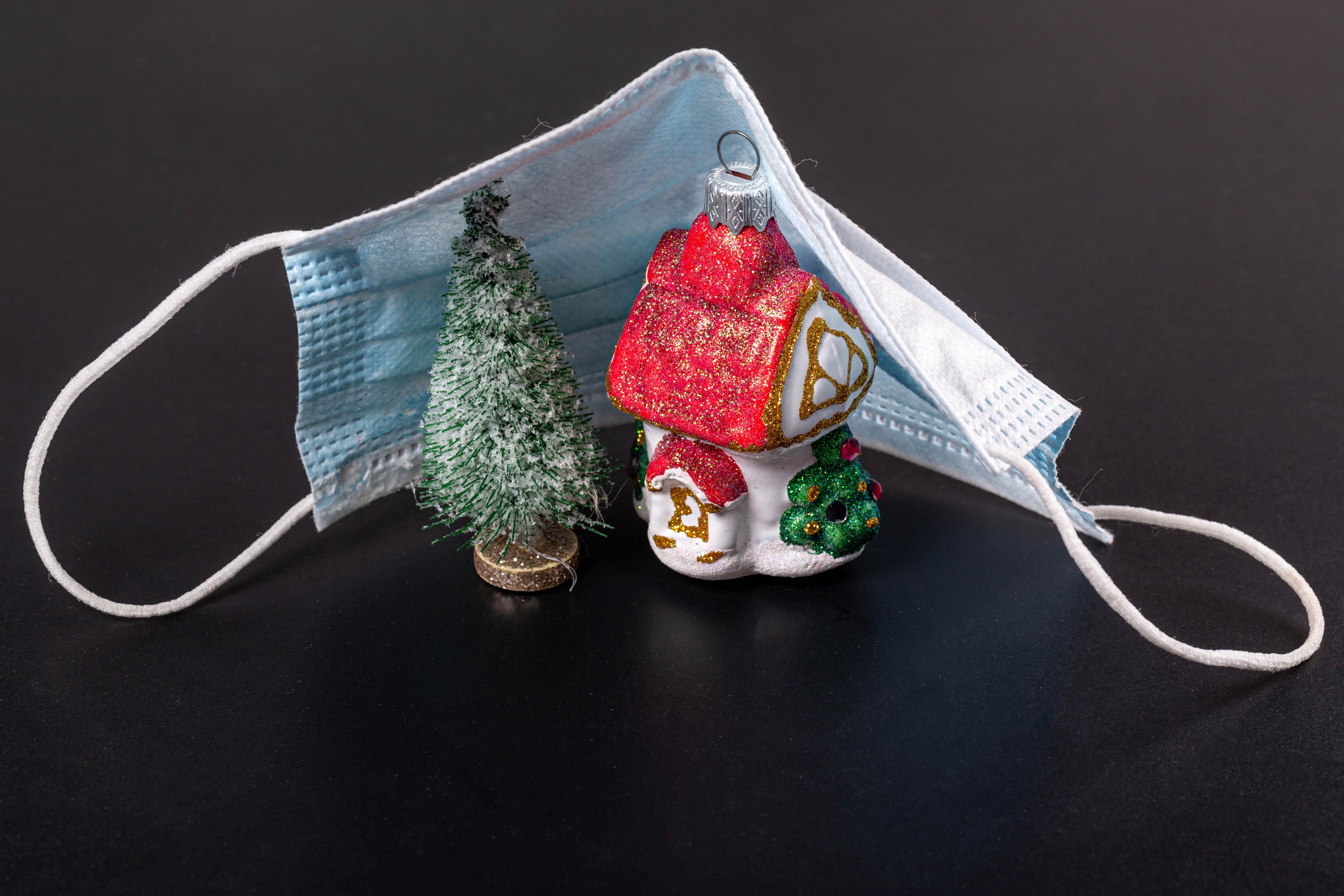 Christmas tree and house ornament under a face mask HD Wallpaper