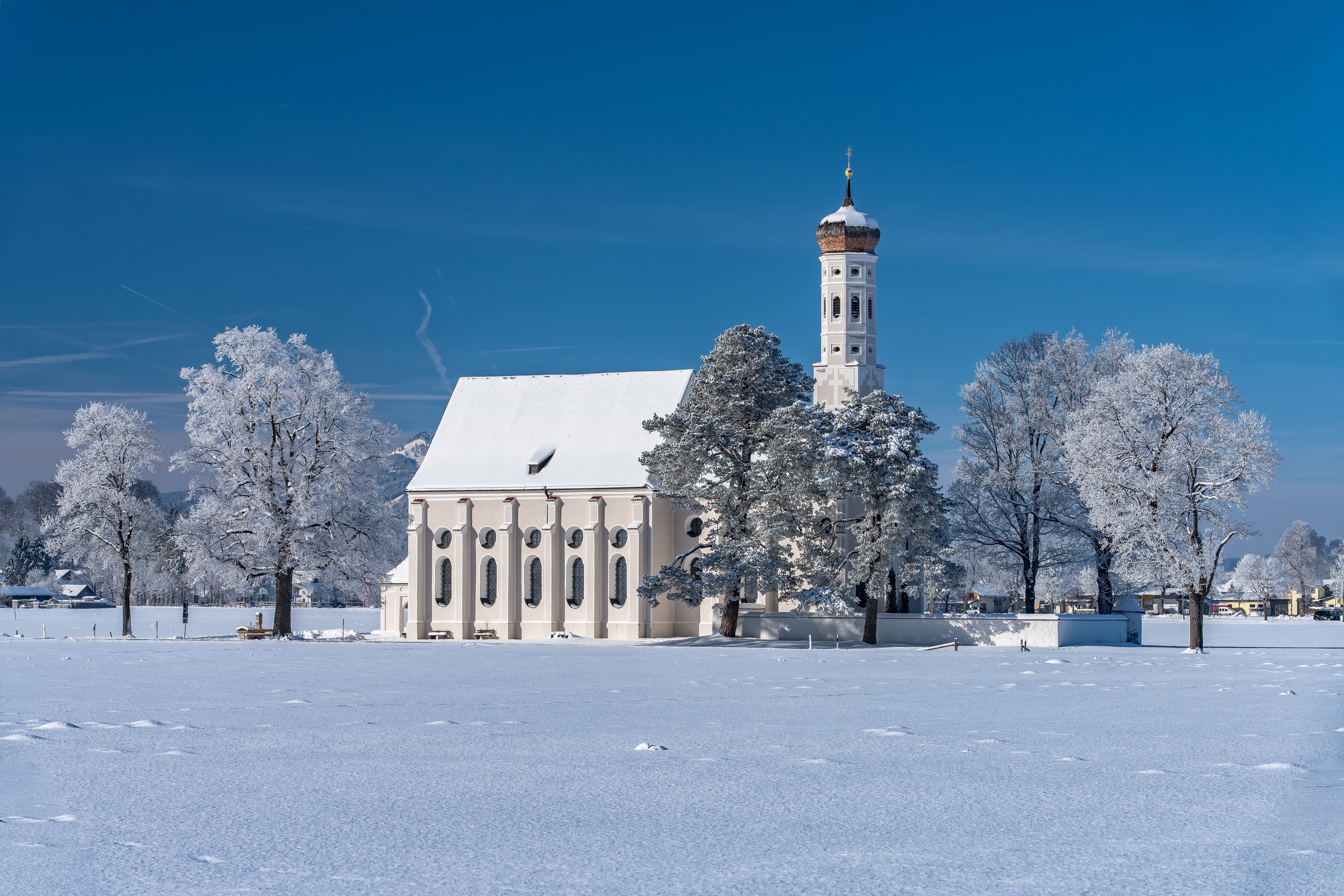 Church in Bavaria during winter with snow HD Wallpaper