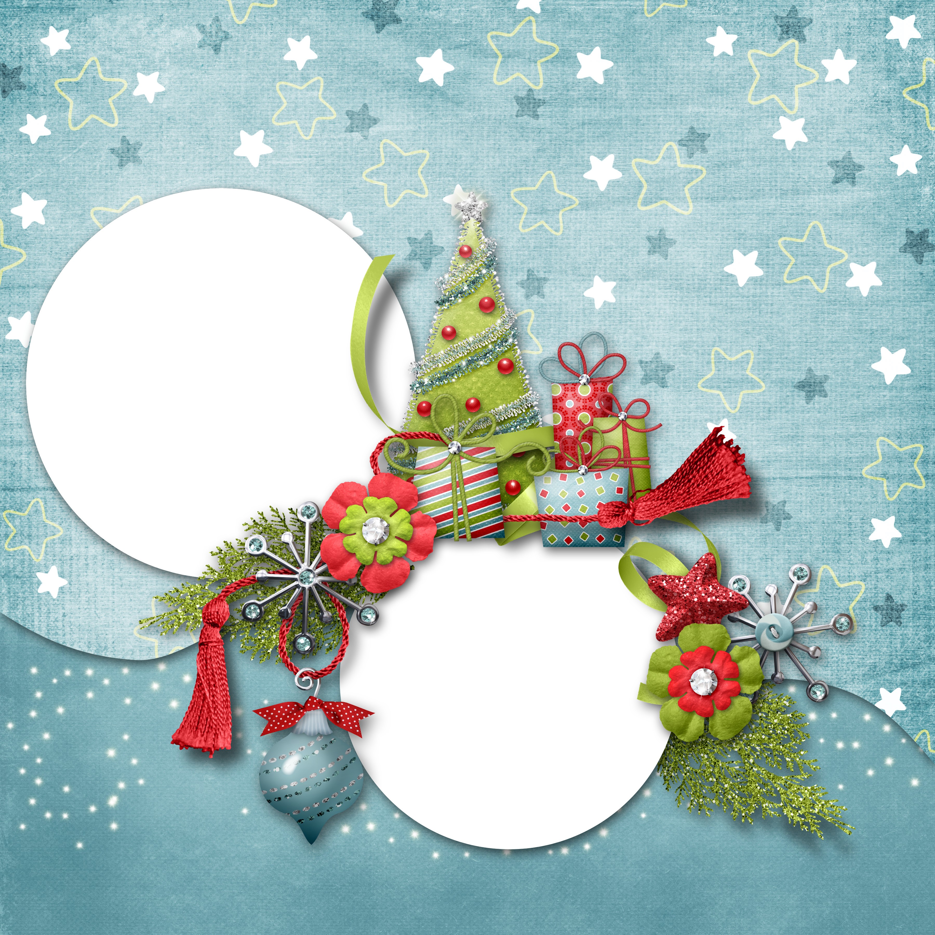 Christmas tree, gifts, and ornaments on a starry background HD Wallpaper