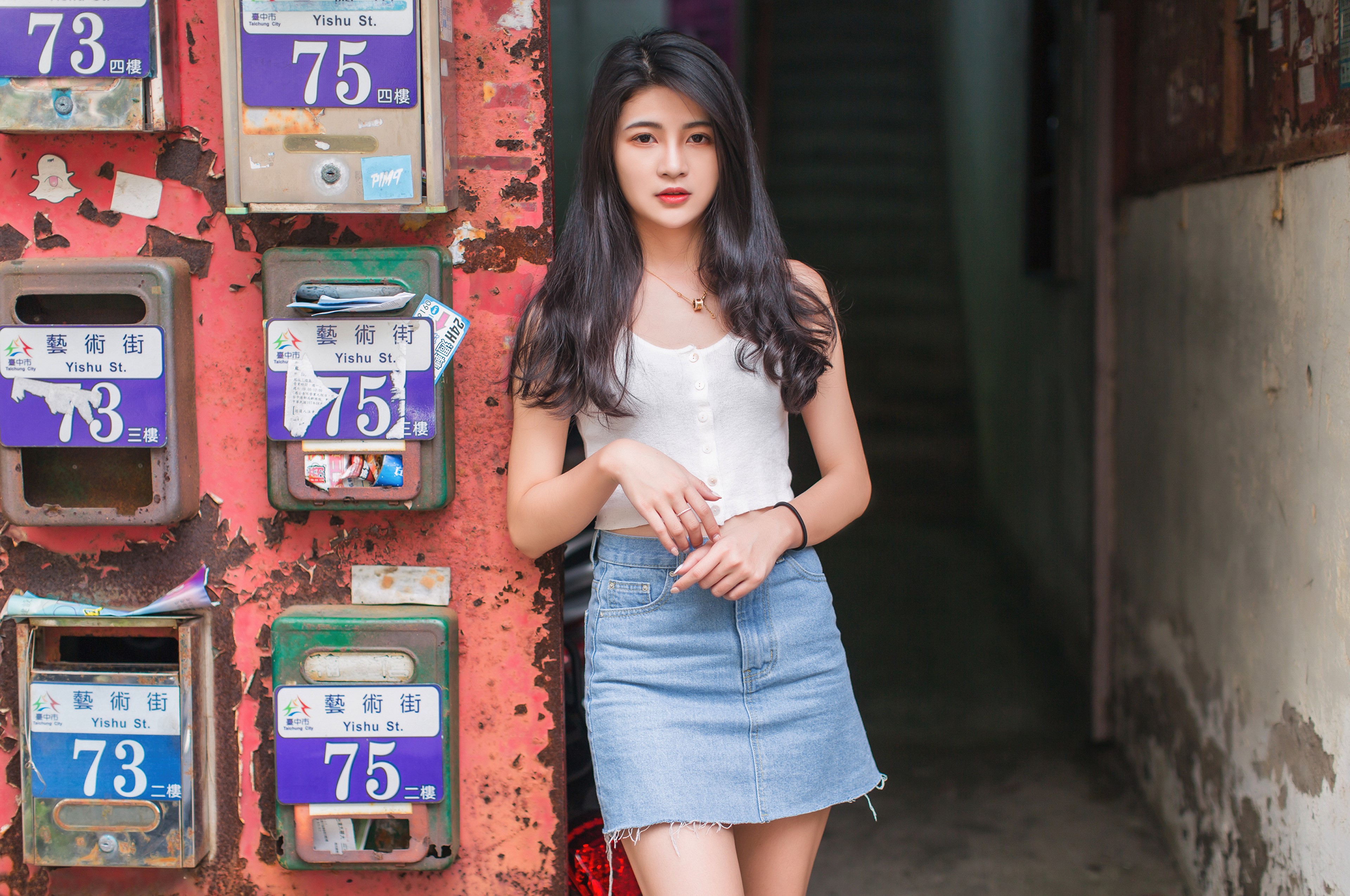 4K Brunette Asian Girl in Denim Skirt HD Wallpaper