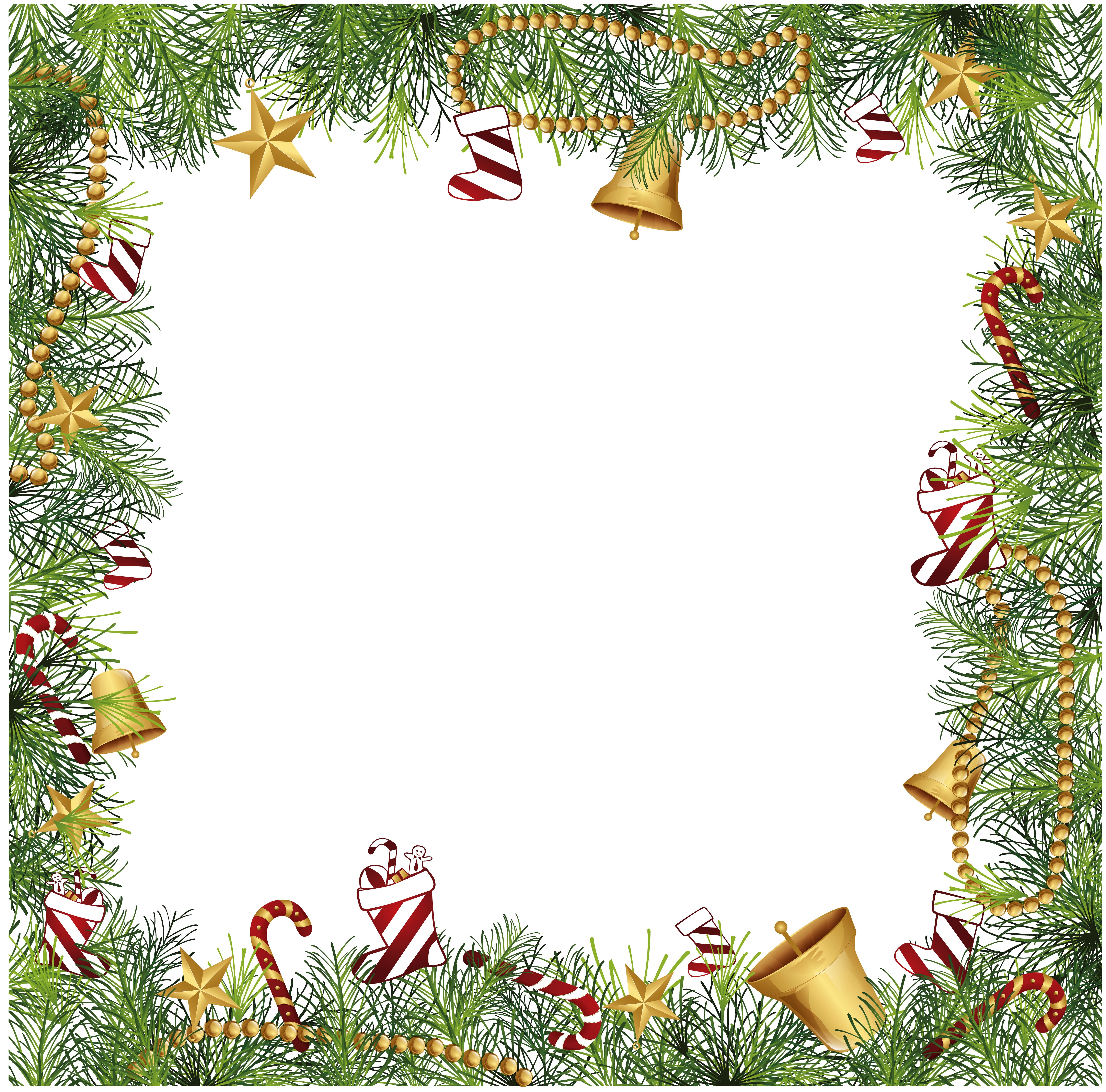 Christmas border with pine branches, bells, stars, and stockings HD Wallpaper