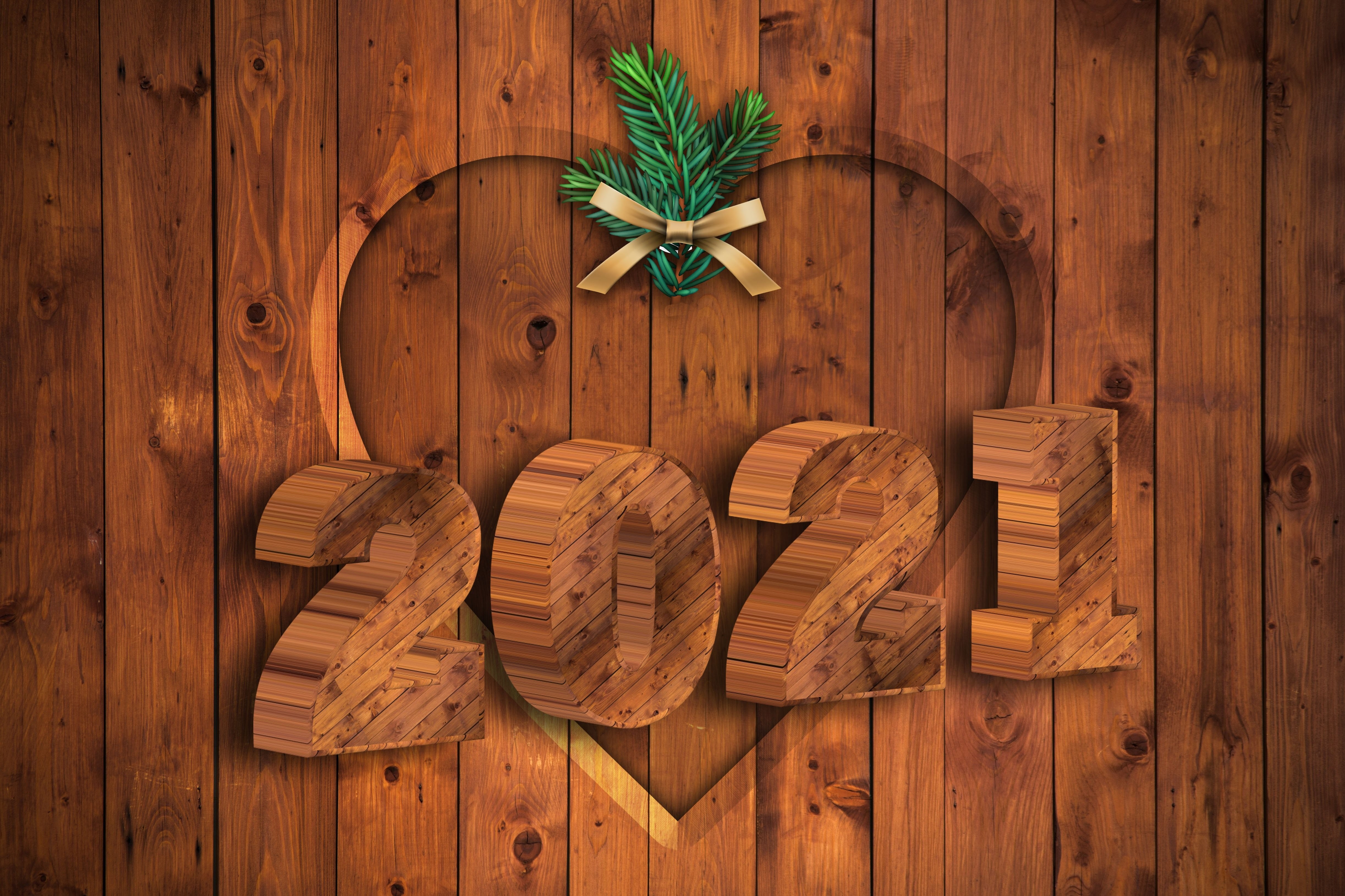 2021 New Year's Heart with Pine Branch and Bow HD Wallpaper