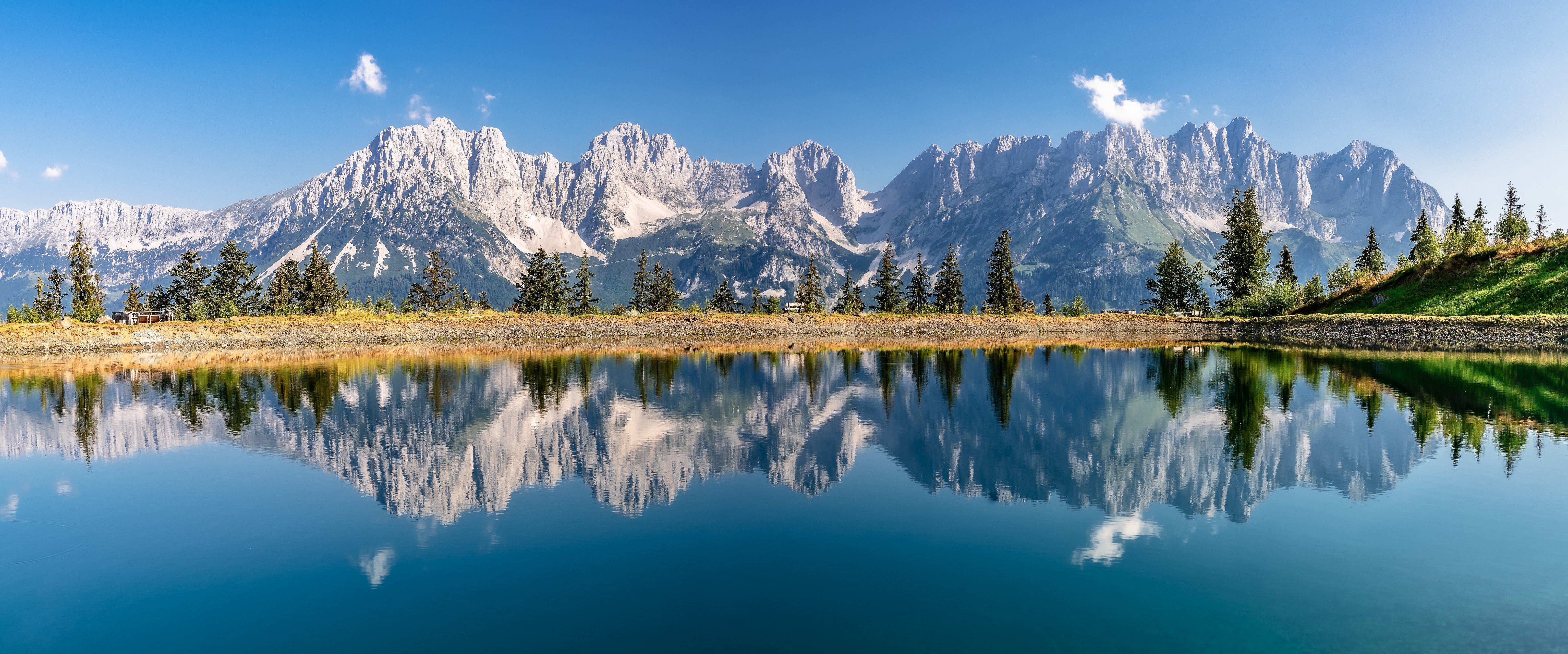 Panorama of the Alps mountains reflected in a lake in Tyrol, Austria HD Wallpaper