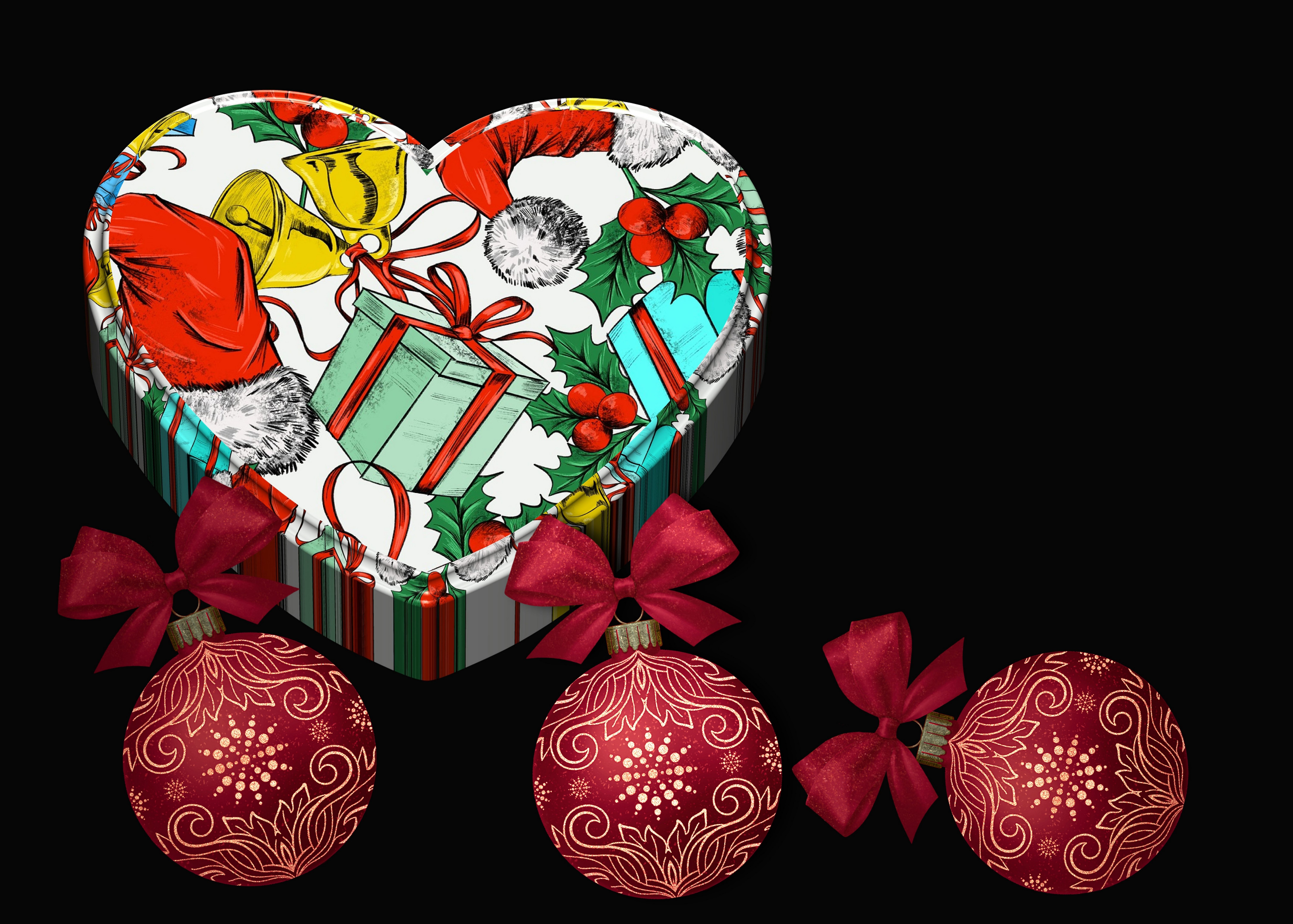 Christmas heart-shaped gift box with ornaments HD Wallpaper