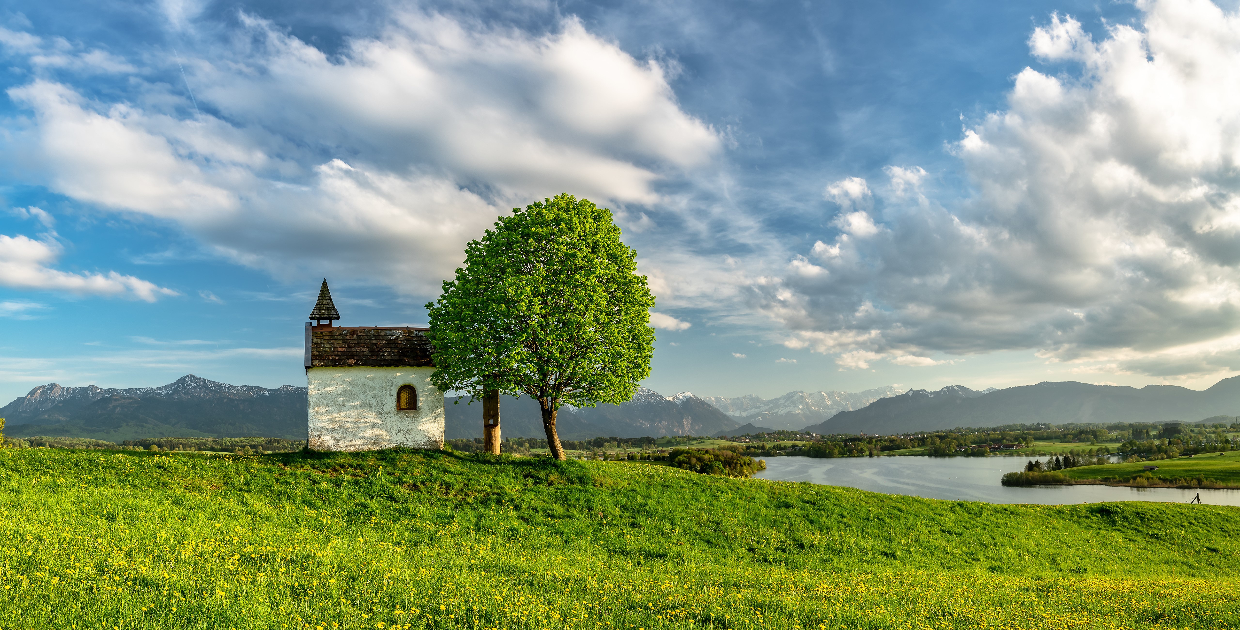 Chapel and tree on a hill in Bavaria, Germany HD Wallpaper
