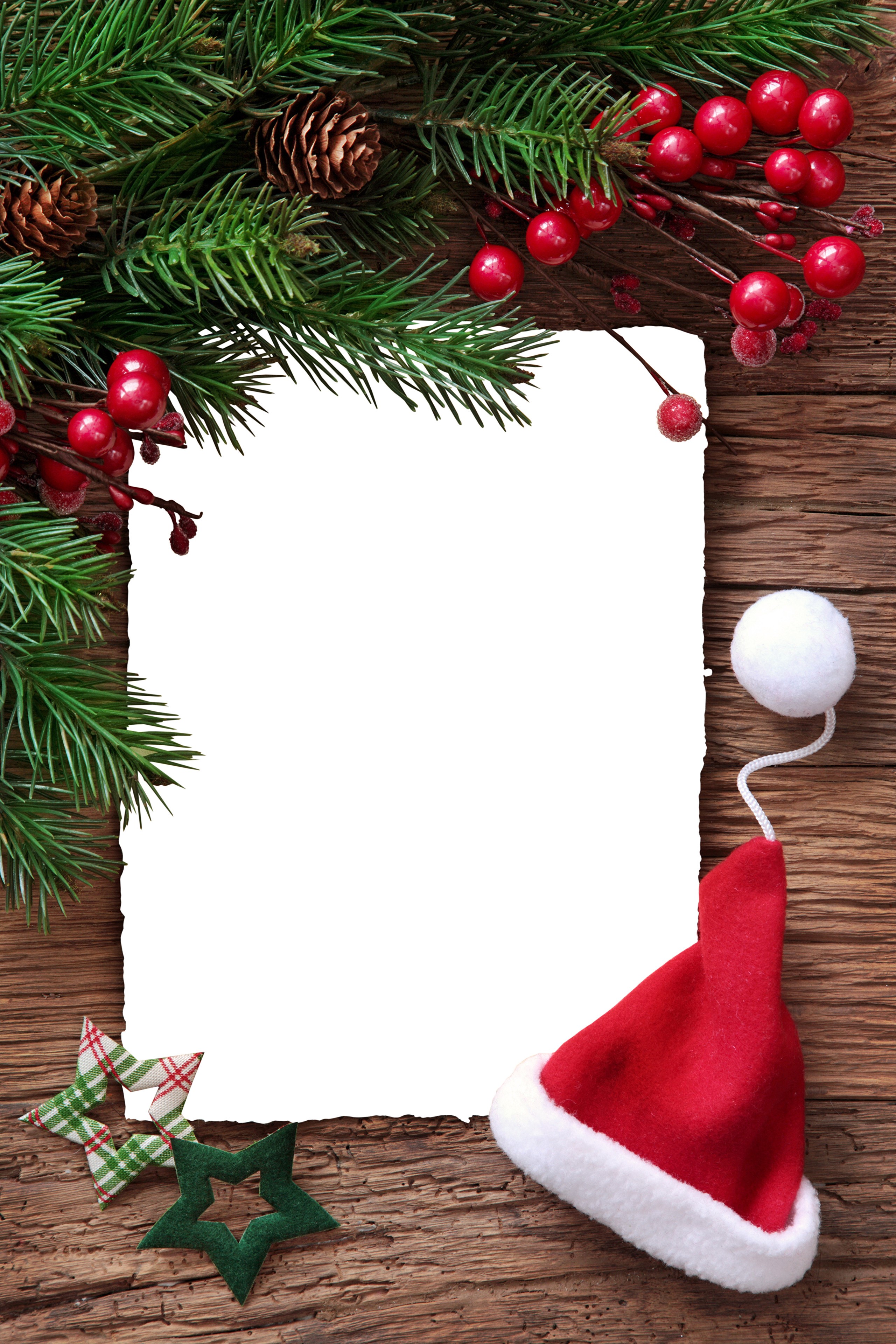 Christmas decoration with blank card and Santa hat HD Phone Wallpaper