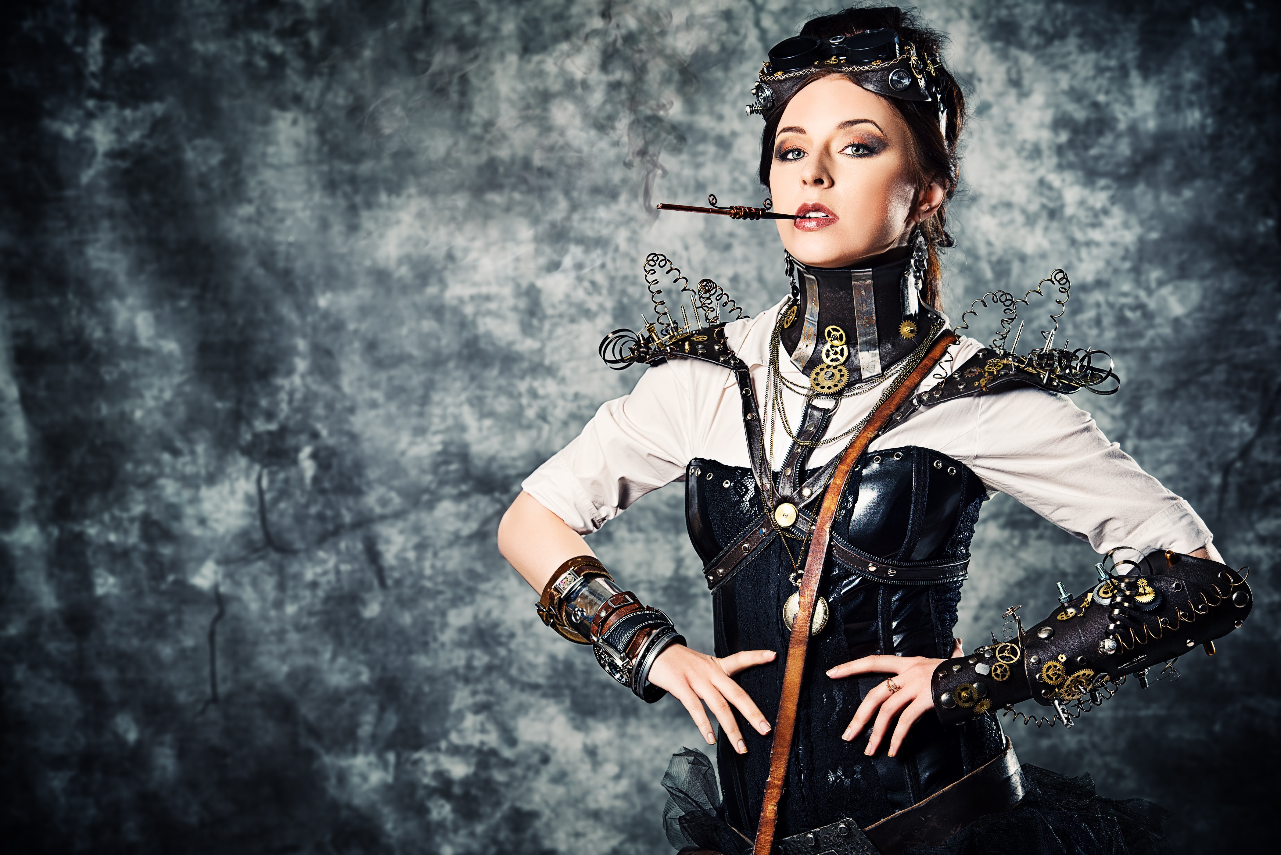 4K Steampunk Woman Posing with Cigarette Holder HD Wallpaper