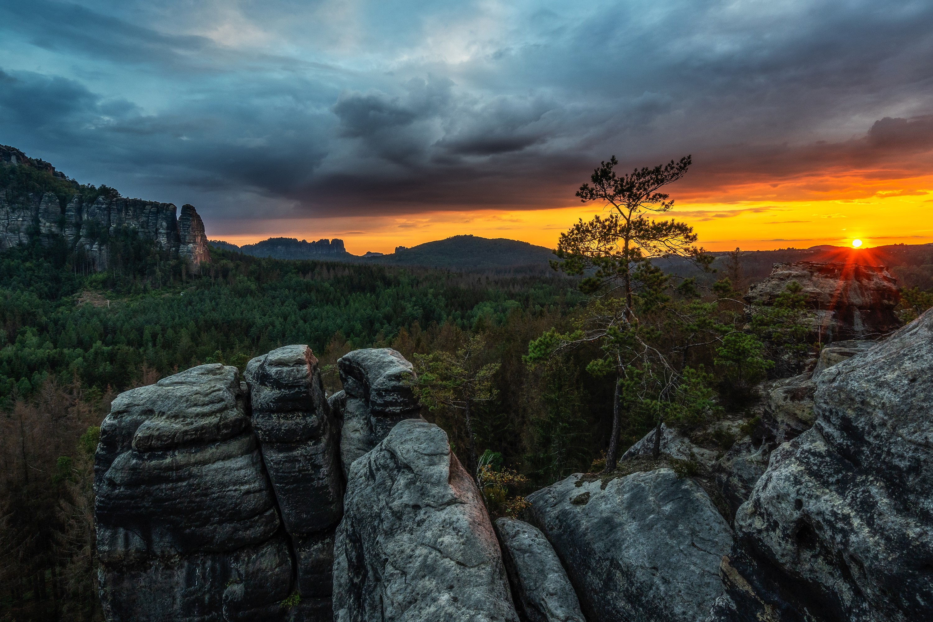 Elbe Sandstone Mountains at Sunset, Germany HD Wallpaper