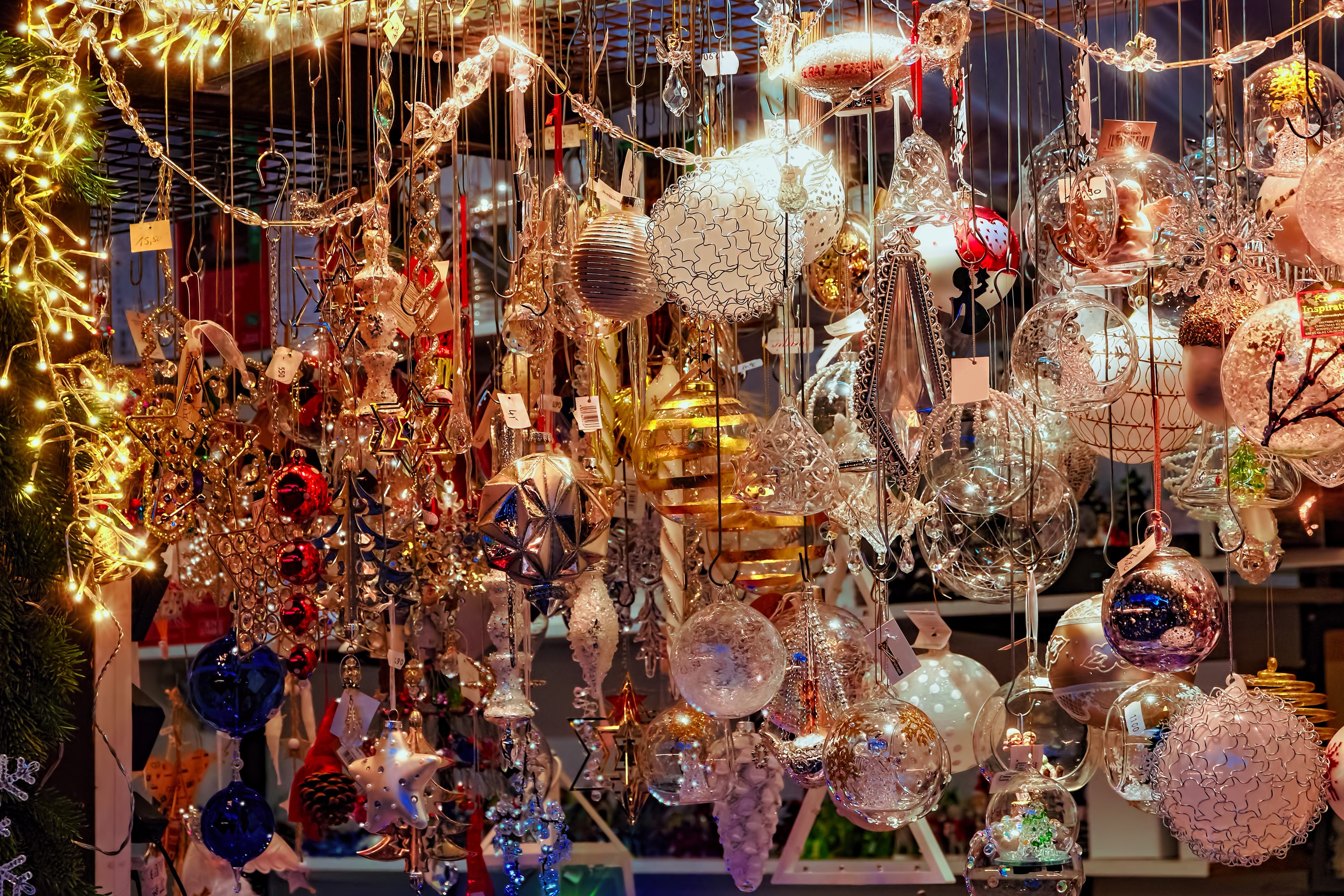Christmas ornaments and fairy lights display HD Wallpaper