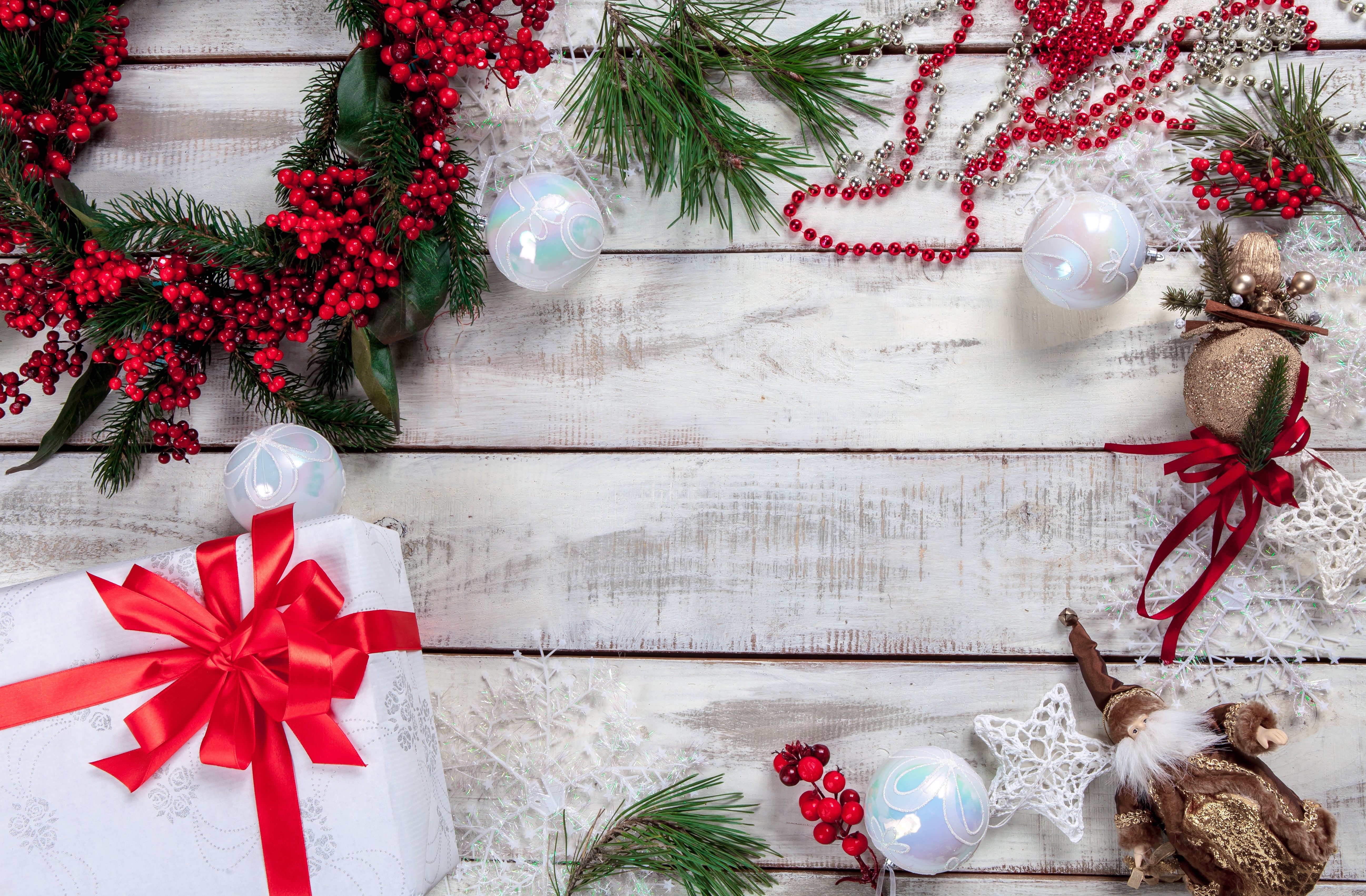 Christmas Wreath, Gift, Ornaments, and Figurines on Wood HD Wallpaper