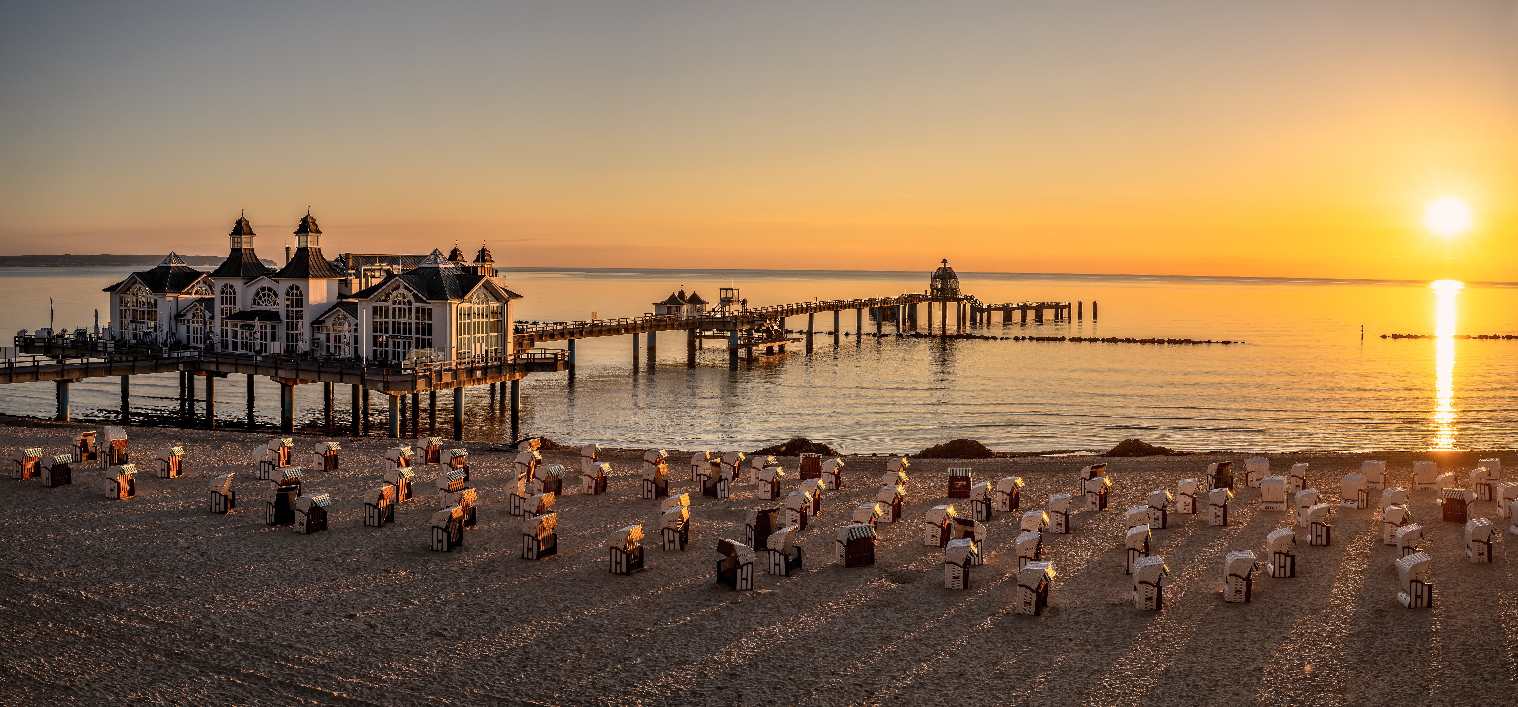 Germany Coast Beach Pier Sunrise Panorama HD Wallpaper