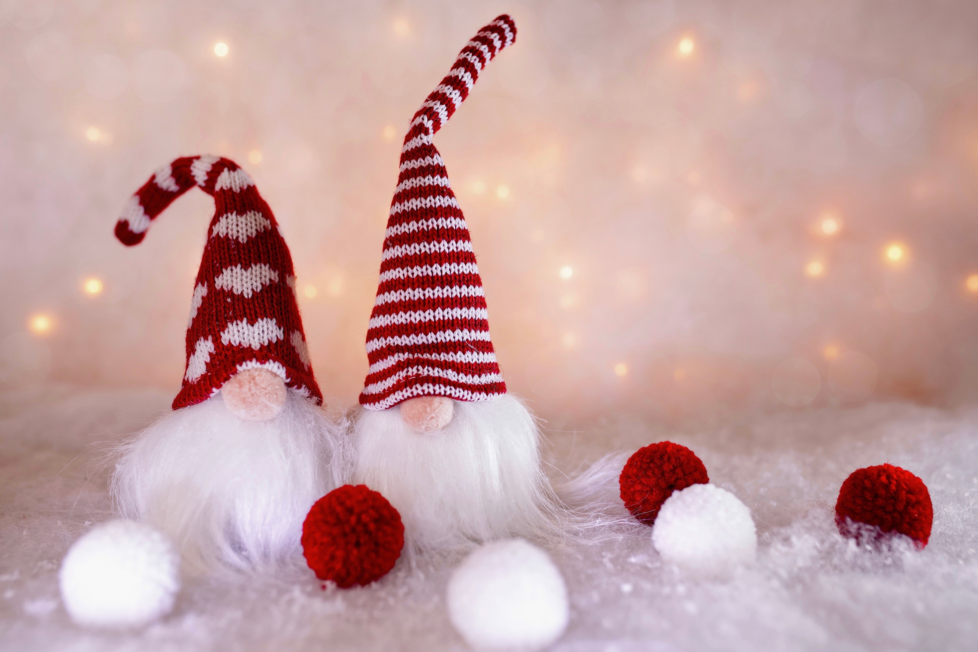 Christmas Gnomes with Red and White Pom-Poms HD Wallpaper
