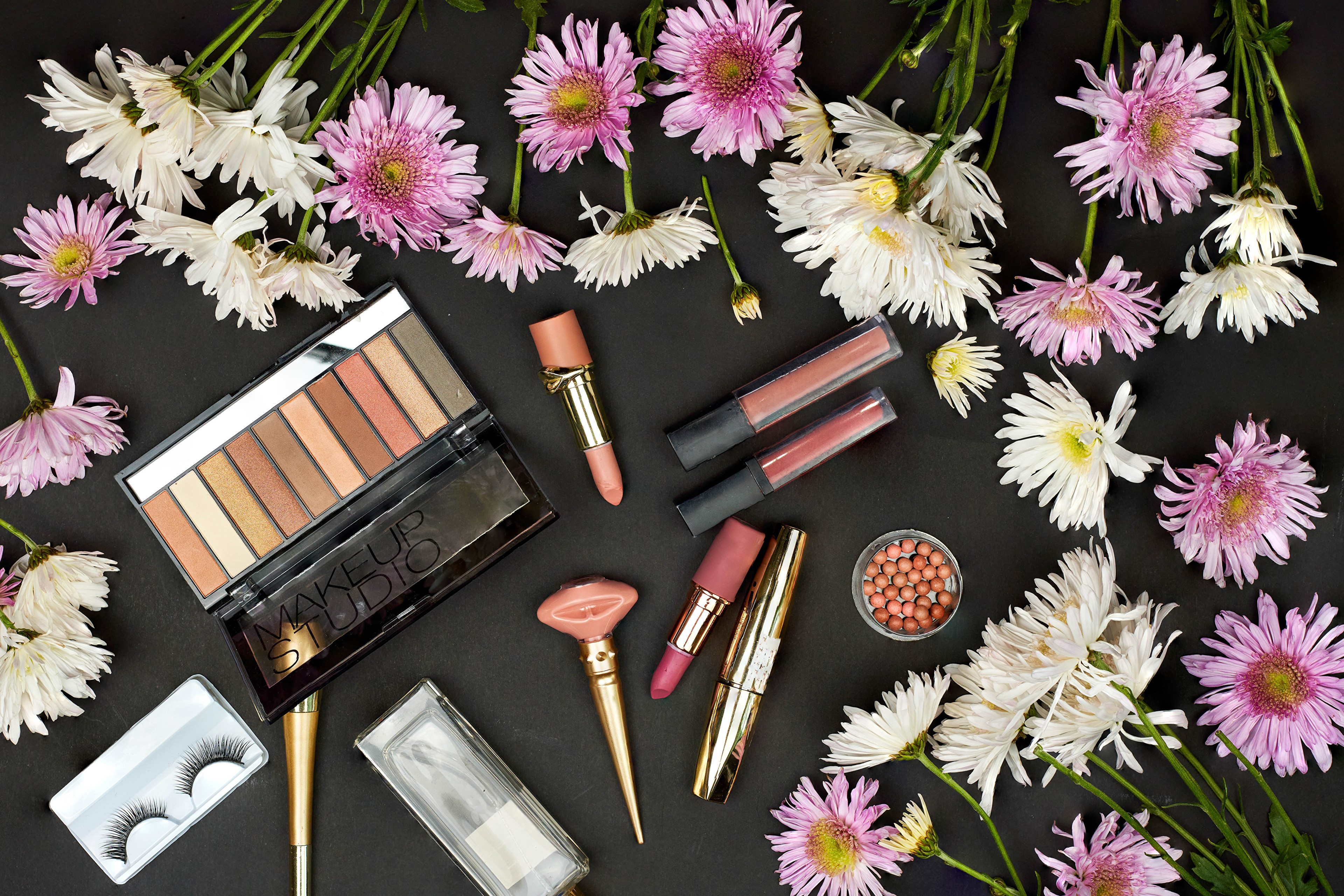 Makeup Studio eyeshadow palette, lipsticks, and flowers HD Wallpaper