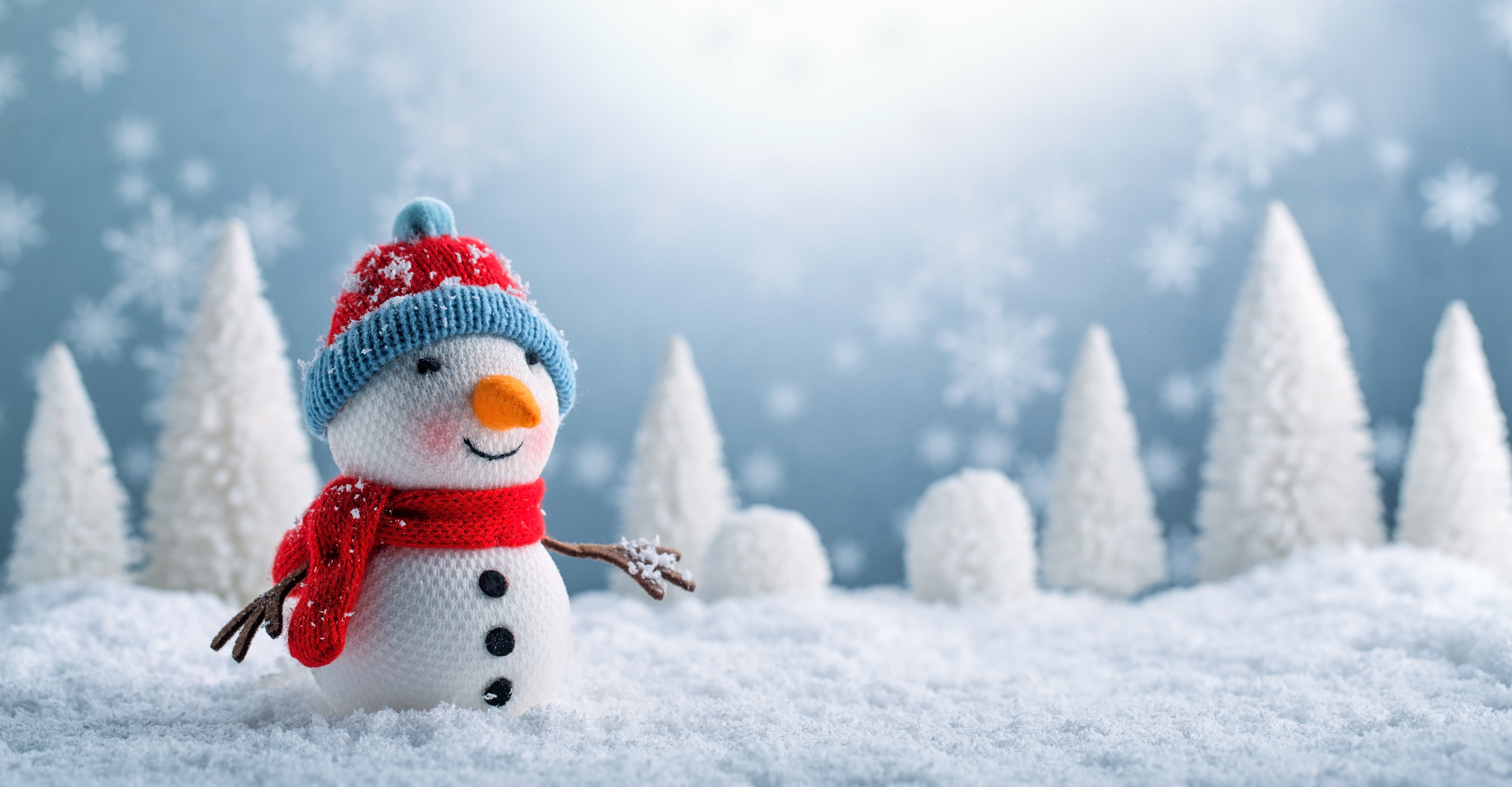 Snowman with Christmas trees and snowflakes HD Wallpaper